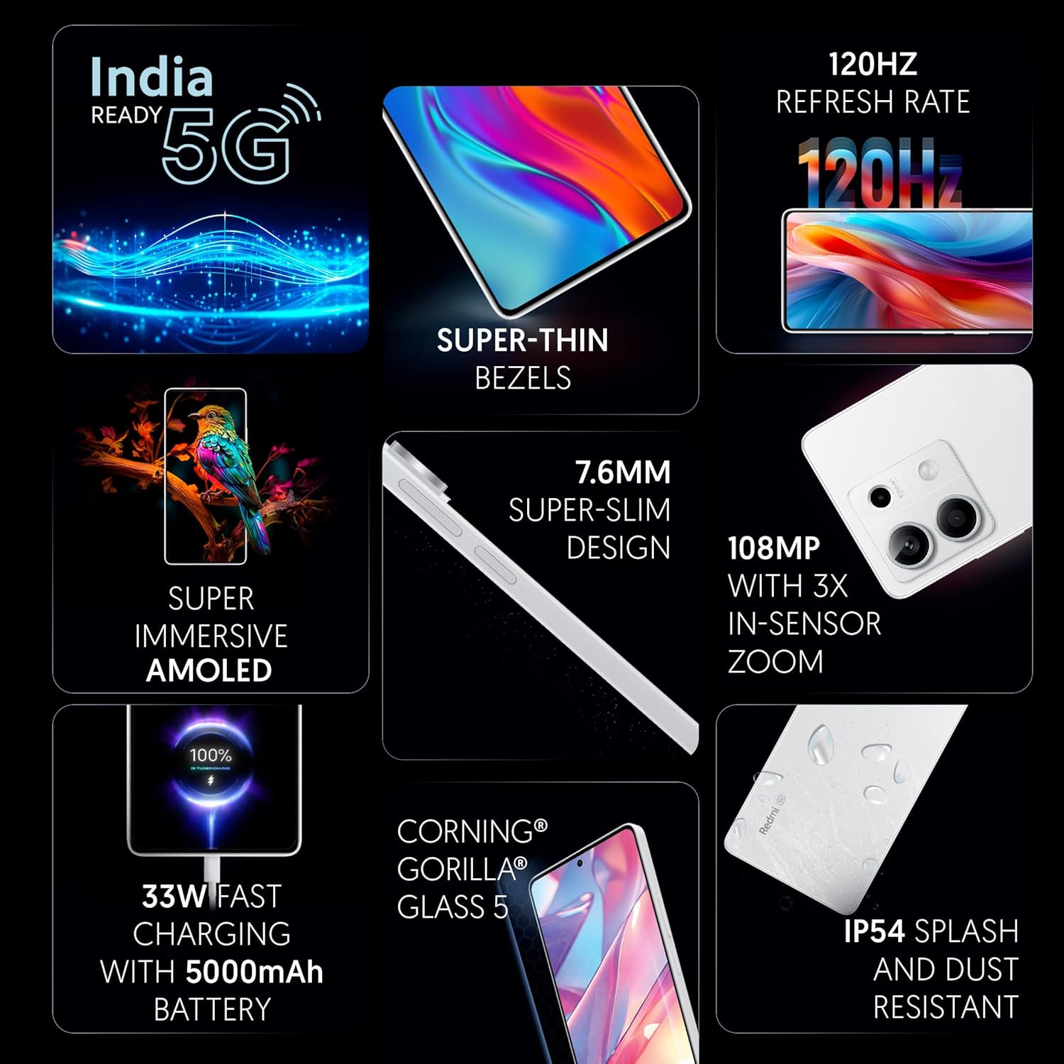 Redmi Note 13 5G Arctic White 6GB RAM 128GB Storage 5G Ready 120Hz Bezel-Less AMOLED 7mm Slimmest Note Ever 108MP Pro-Grade Camera