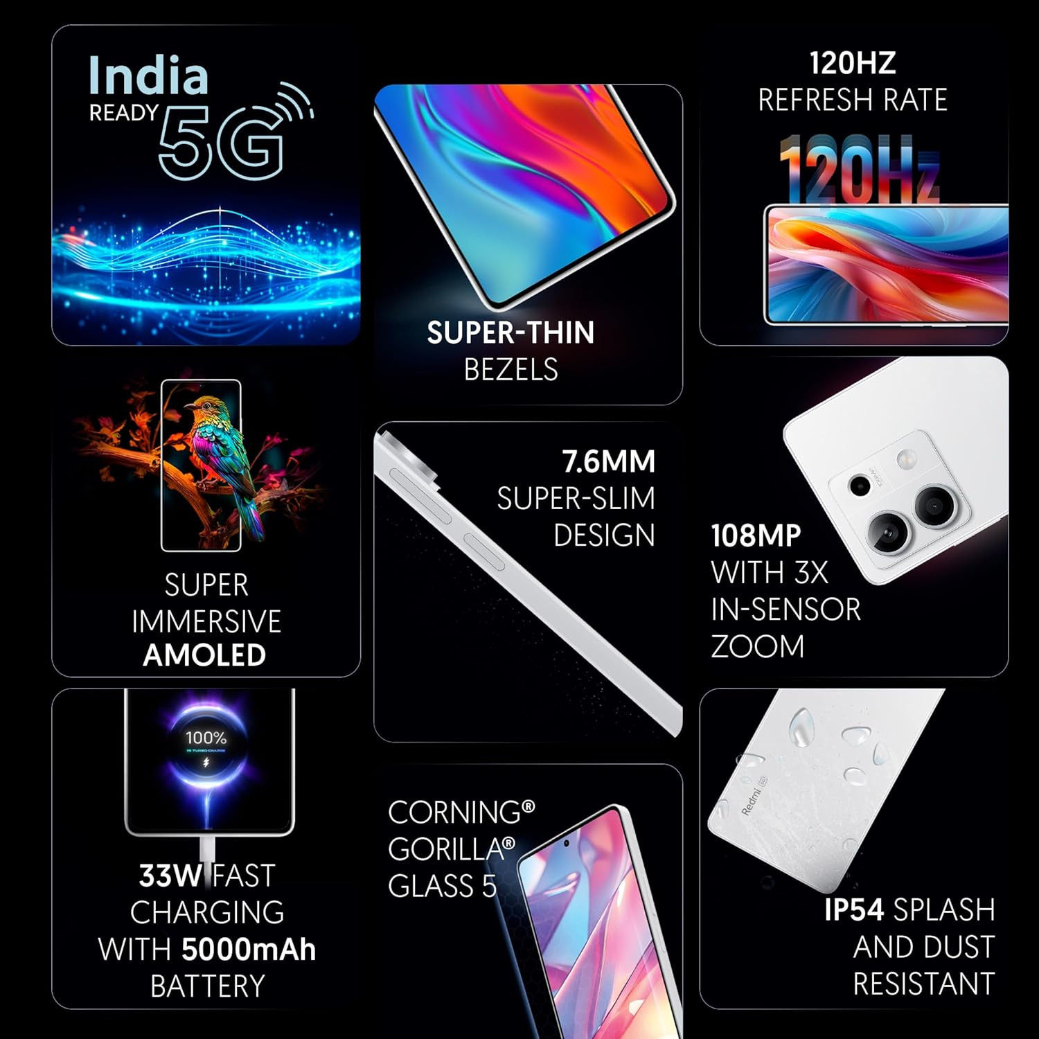 Redmi Note 13 5G Arctic White 8GB RAM 256GB Storage 5G Ready 120Hz Bezel-Less AMOLED 7mm Slimmest Note Ever 108MP Pro-Grade Camera