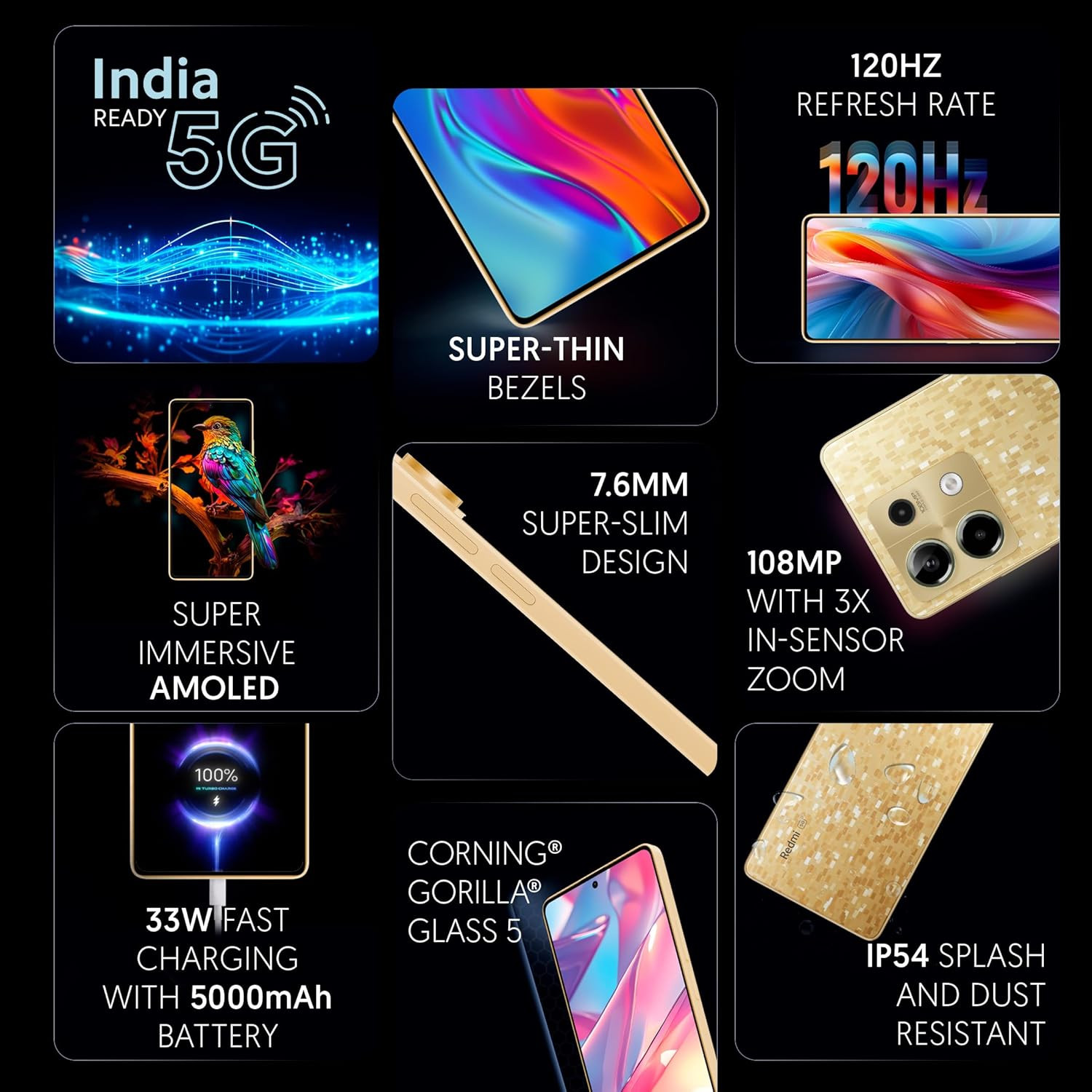 Redmi Note 13 5G Prism Gold 8GB RAM 256GB Storage 5G Ready 120Hz Bezel-Less AMOLED 7mm Slimmest Note Ever 108MP Pro-Grade Camera