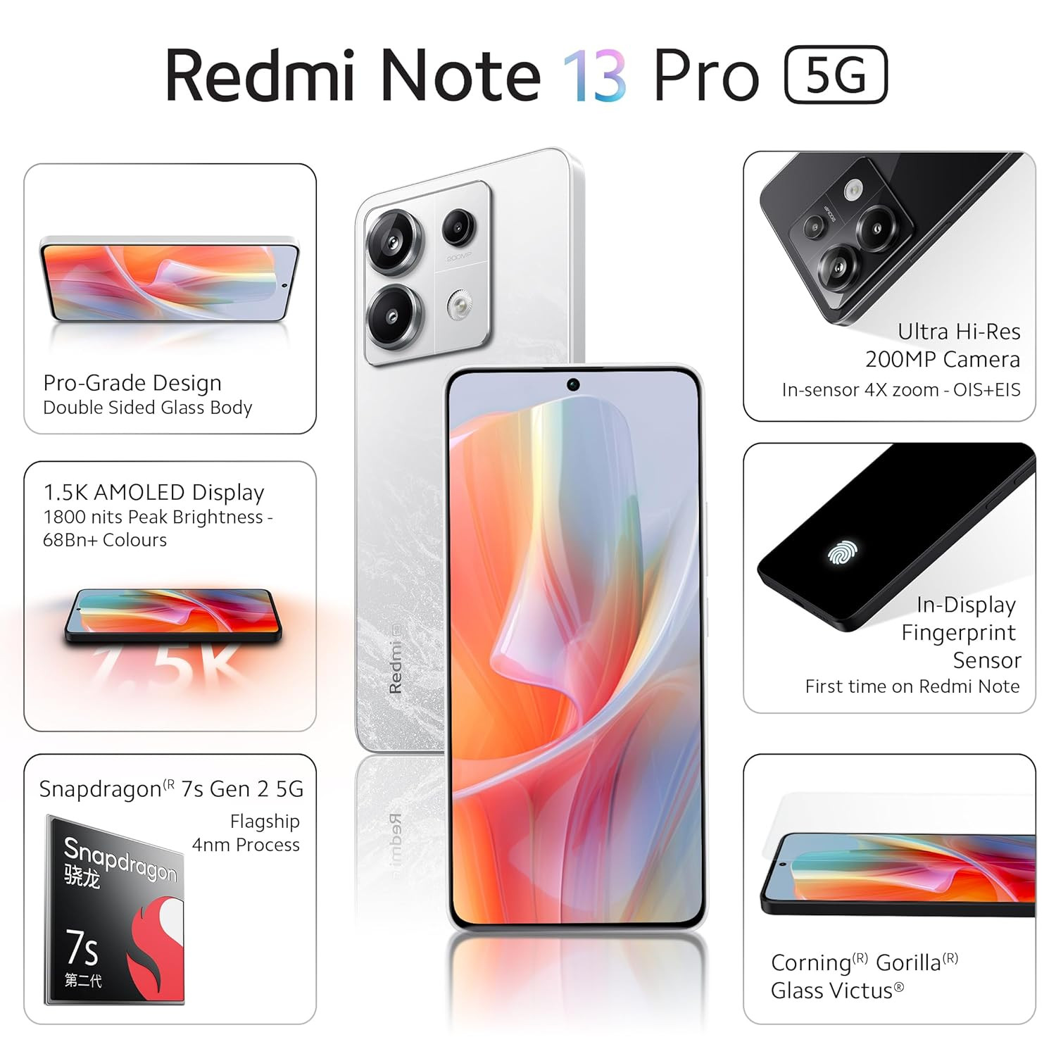 Redmi Note 13 Pro Arctic White 12GB RAM 256GB Storage 15K AMOLED 200MP Hi-Res Camera Flagship 4nm SD 7s Gen 2 67W TurboCharge