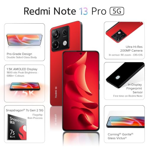 Redmi Note 13 Pro Scarlet Red 8GB RAM 128GB Storage 15K AMOLED 200MP Hi-Res Camera Flagship 4nm SD 7s Gen 2 67W TurboCharge