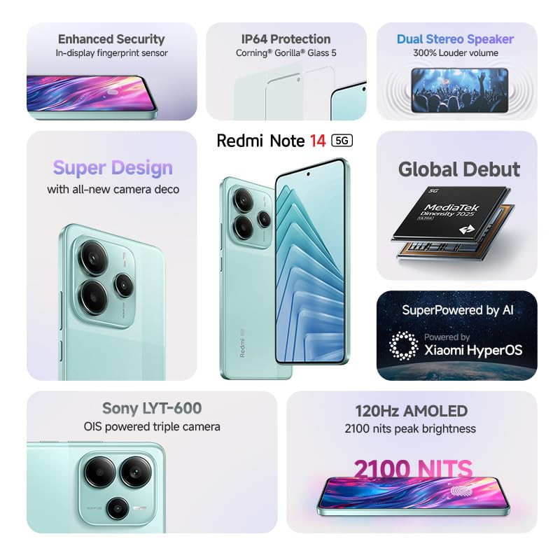 Redmi Note 14 5G Ivy Green 8GB RAM 128GB Storage Global Debut MTK Dimensity 7025 Ultra 2100 nits Segment Brightest 120Hz AMOLED 50MP Sony LYT 600 OISEIS Triple Camera