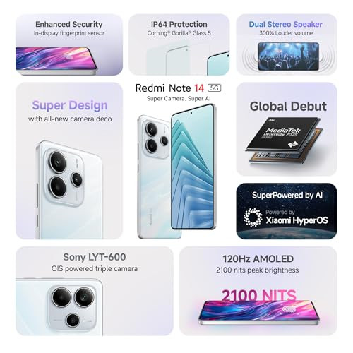 Redmi Note 14 5G Mystique White 6GB RAM 128GB Storage Global Debut MTK Dimensity 7025 Ultra 2100 nits Segment Brightest 120Hz AMOLED 50MP Sony LYT 600 OISEIS Triple Camera