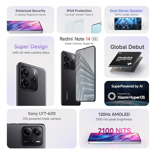 Redmi Note 14 5G Titan Black 6GB RAM 128GB Storage Global Debut MTK Dimensity 7025 Ultra 2100 nits Segment Brightest 120Hz AMOLED 50MP Sony LYT 600 OISEIS Triple Camera