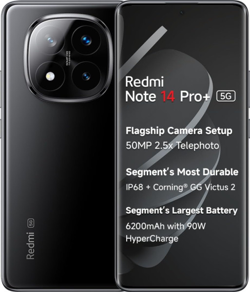 Image of Redmi Note 14 Pro+ 5G (Titan Black, 8GB RAM+ 128GB Storage) | Snapdragon 7s Gen 3 Processor | AMOLED Display | Dual Nano-SIM | 6200mAh Battery