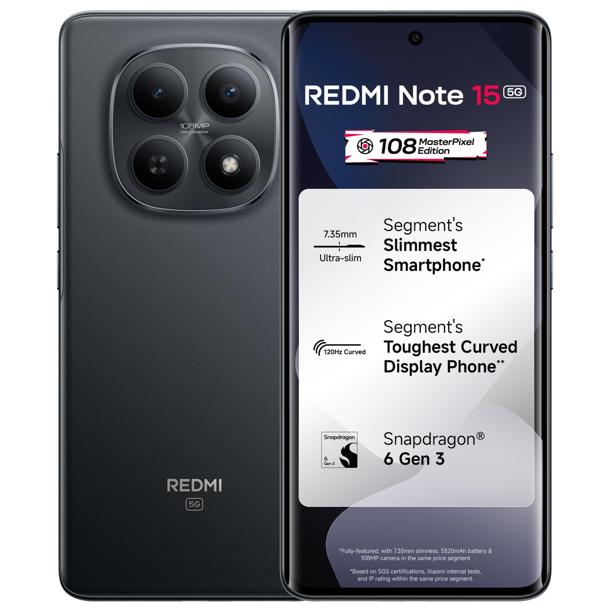 REDMI Note 15 5G Black 8GB RAM 128GB Storage 108MP OIS Camera Snapdragon 6 Gen 3 172cm Tough Curved AMOLED Screen 5520mAh Battery 45W Fast Charging