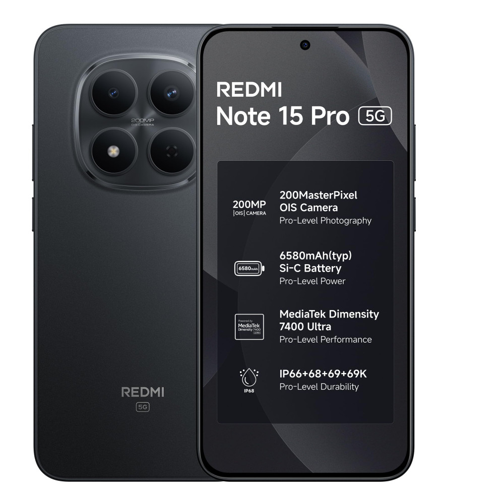 Image of REDMI Note 15 Pro 5G (Carbon Black, 8GB+256GB) | 200MasterPixel OIS Camera | Dimensity 7400-Ultra | 17.3cm CrystalRes AMOLED Screen | IP66/68/69/69K | Mega 6580mAh Si/C Battery | 45W Fast Charging