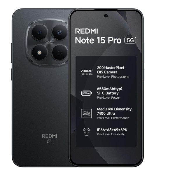 Image of REDMI Note 15 Pro 5G (Carbon Black, 8GB+256GB) | 200MasterPixel OIS Camera | Dimensity 7400-Ultra | 17.3cm CrystalRes AMOLED Screen | IP66/68/69/69K | Mega 6580mAh Si/C Battery | 45W Fast Charging
