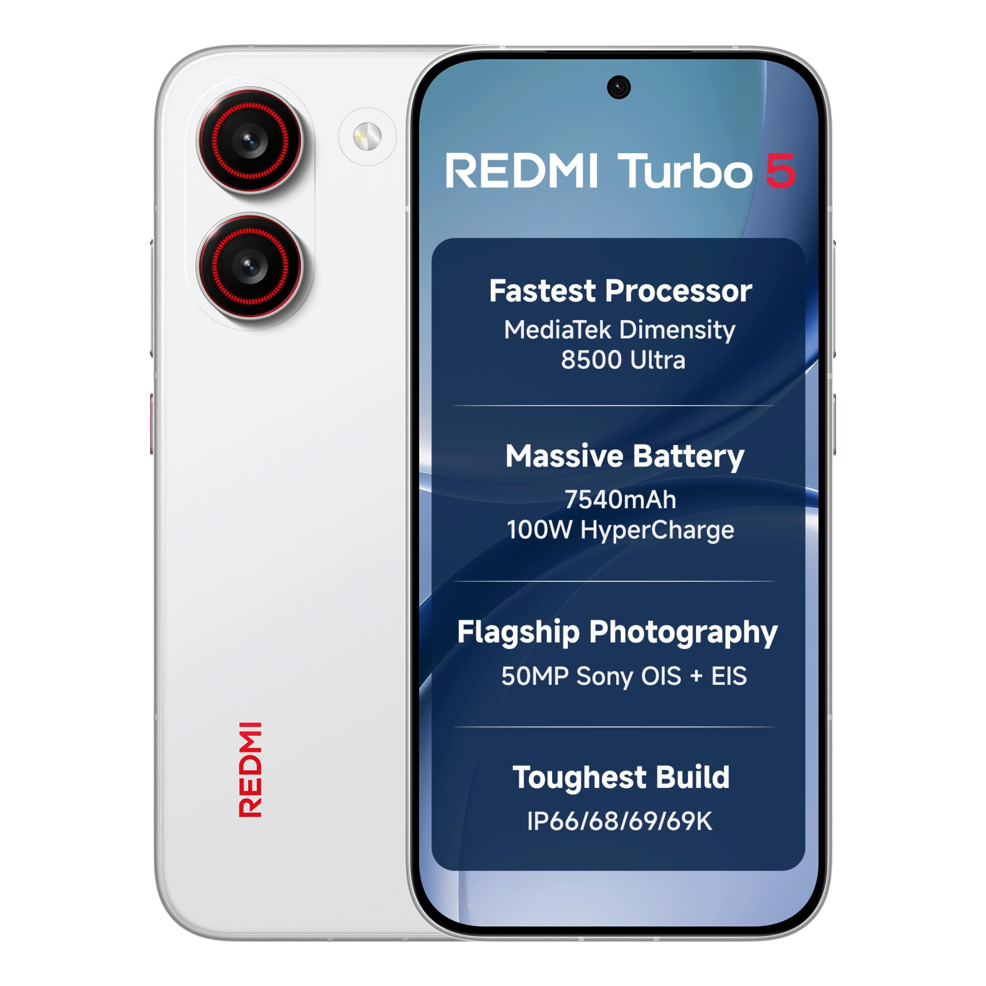 REDMI Turbo 5 8GB  256GB Turbo White  MediaTek Dimensity 8500 Ultra  Mega 7540mAh Battery  100W HyperCharge  Compact 1675cm69 120Hz Display  50MP Sony OIS Camera