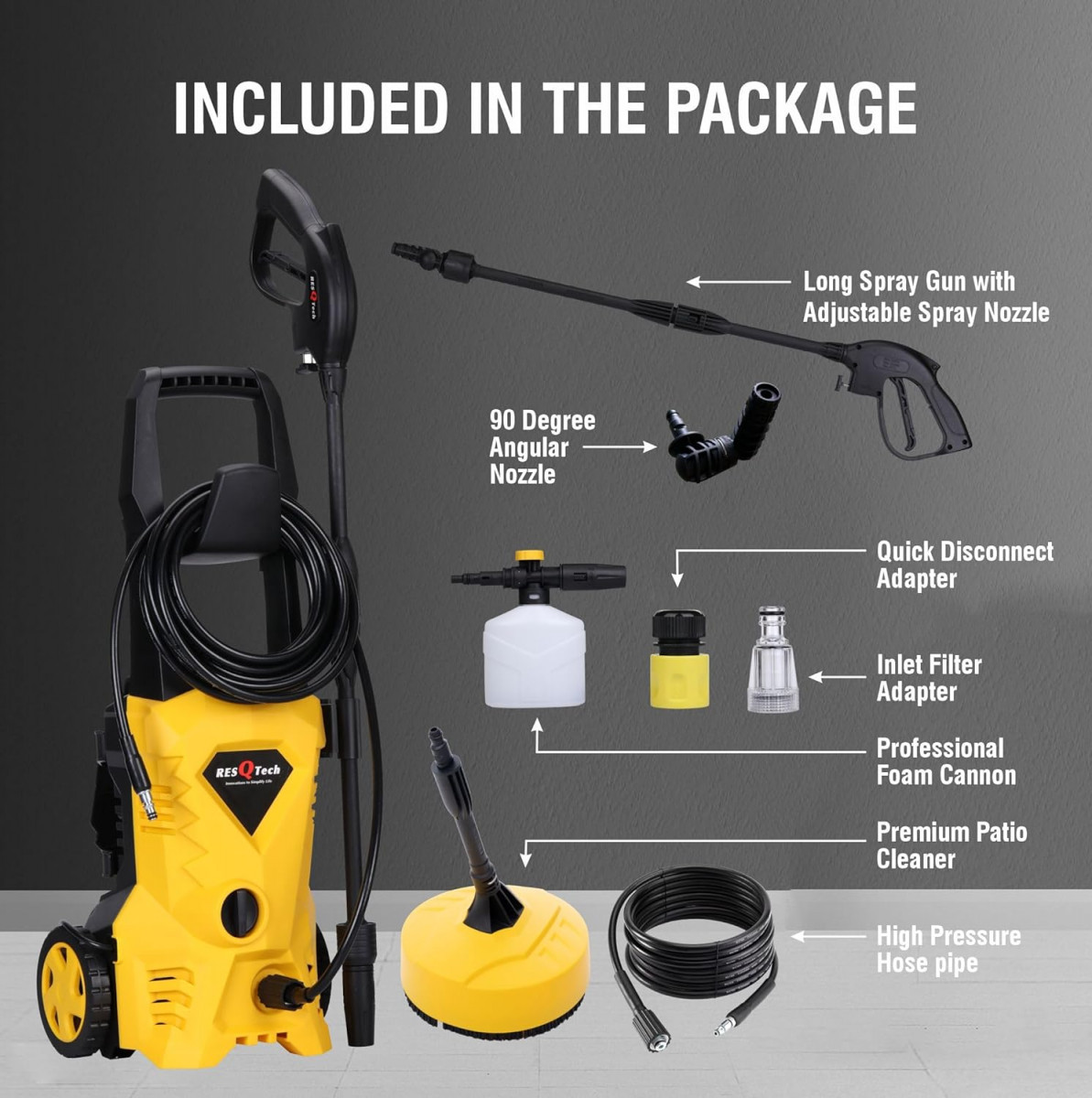 ResQTech PW-101 Advance 1700 Watt 135 Bar High Pressure Washer for Car Bike and Home - 2 Year Warranty - Patio Cleaner - Foam Cannon - 90 Degree Nozzle - 6m Hose Pipe 6 m Power Cord - Copper Winding - Premium Edition