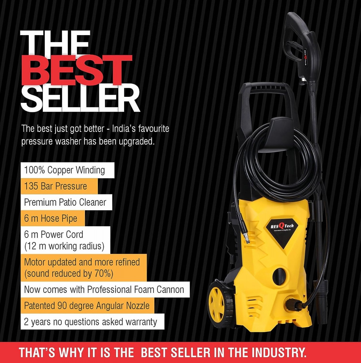 ResQTech PW-101 Advance 1700 Watt 135 Bar High Pressure Washer for Car Bike and Home - 2 Year Warranty - Patio Cleaner - Foam Cannon - 90 Degree Nozzle - 6m Hose Pipe 6 m Power Cord - Copper Winding - Premium Edition