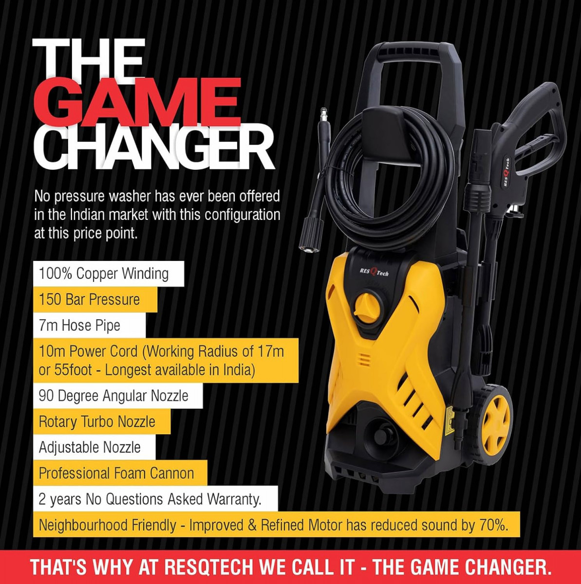 ResQTech Pw-107 1900 Watt 150 Bar High Pressure Washer For Car Bike And Home - 2 Year Warranty - Patio Cleaner - Foam Cannon - 90 Degree Nozzle - Rotary Turbo Nozzle - 7 M Hose Pipe10 M Power Cord - Copper Winding - Premium Edition