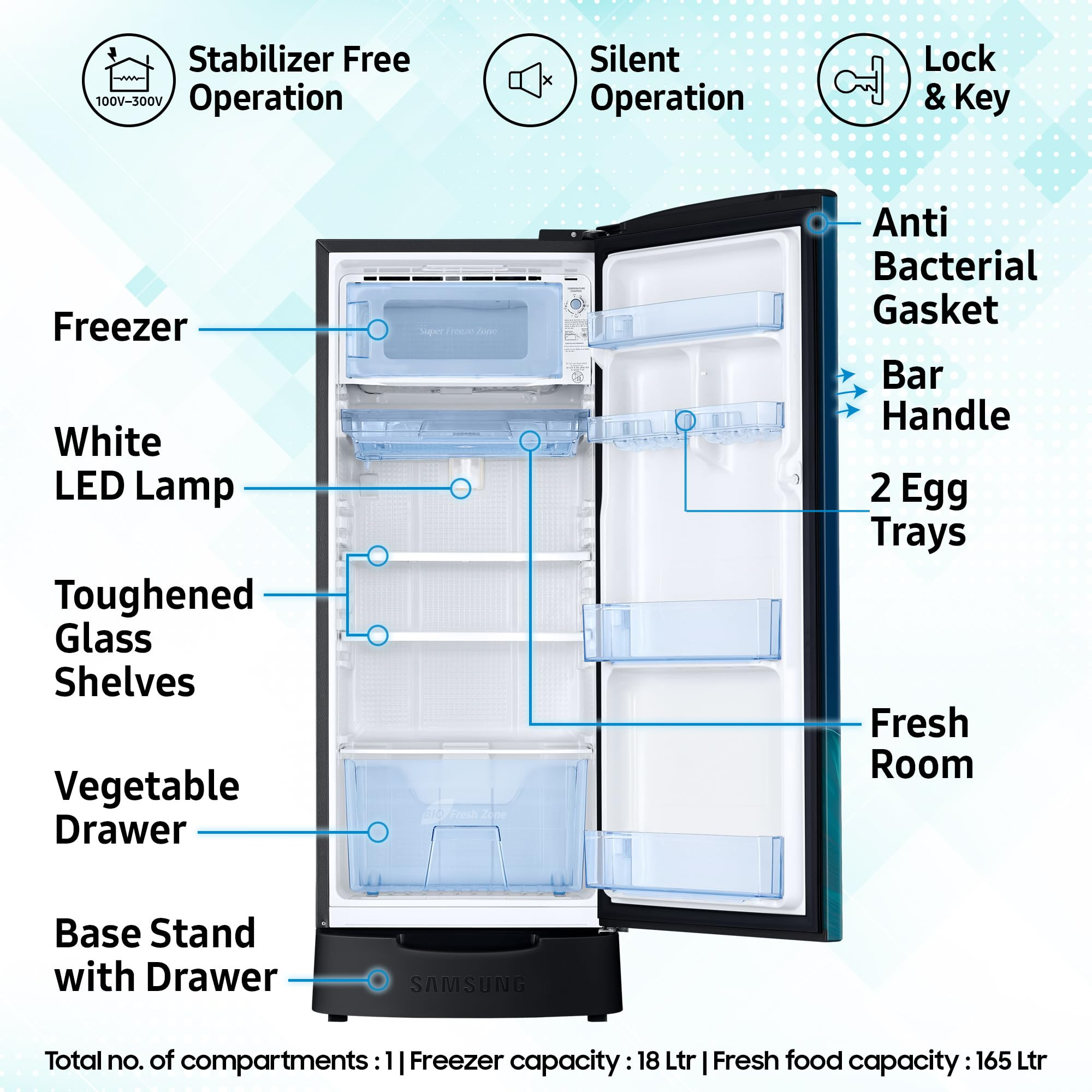 Samsung 183 L 4 Star Digital Inverter Direct-Cool Single Door Refrigerator RR20H28249UNL Paradise Bloom Blue Base Stand Drawer Single Touch Defrost 2026 Model