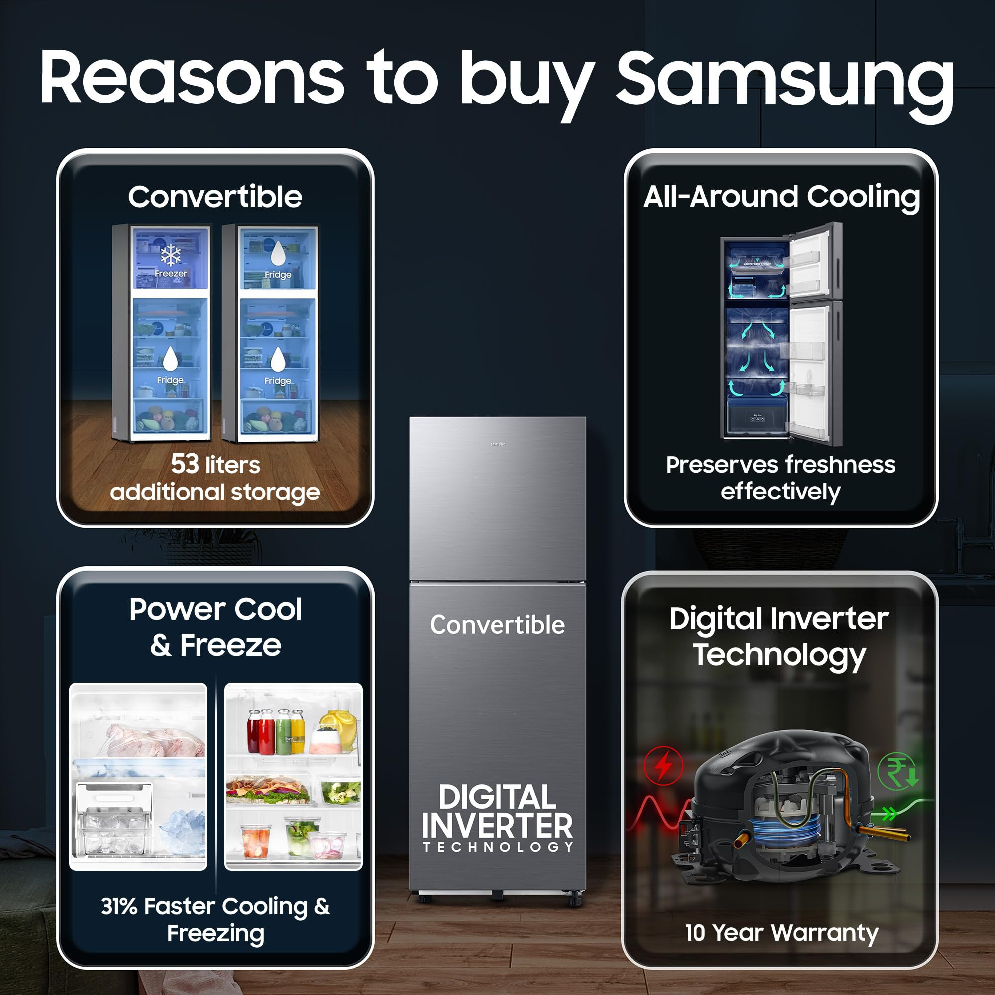 Samsung 236 L 3 Star Convertible Digital Inverter Frost Free Double Door Refrigerator RT40H28U3THL Silver Refined Inox 2026 Model