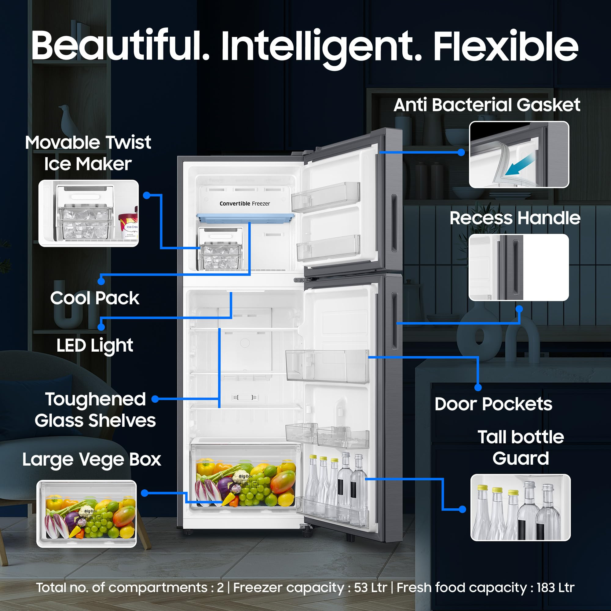 Samsung 236 L 3 Star Convertible Digital Inverter Frost Free Double Door Refrigerator RT40H28U3THL Silver Refined Inox 2026 Model