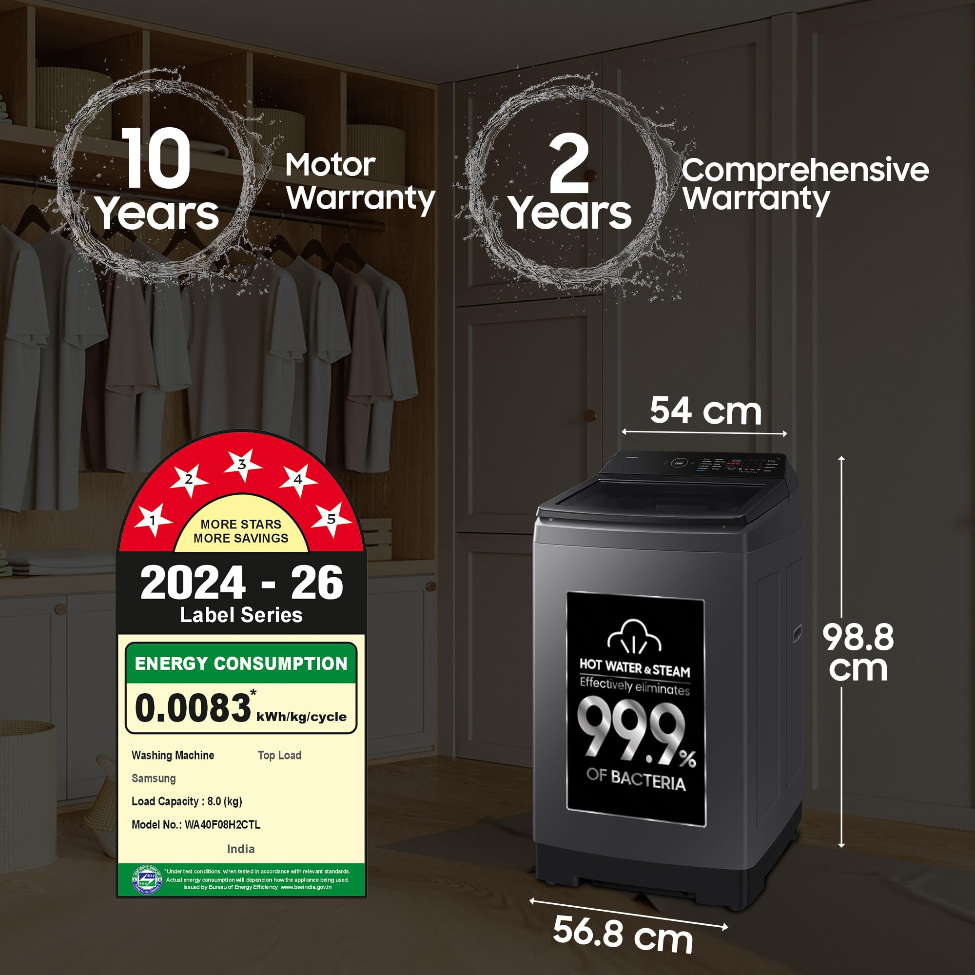 Samsung 8 Kg 5 Star Hygiene Steam Ecobubble Quick Wash Soft Closing Door Digital Inverter Fully-Automatic Top Load Washing Machine WA40F08H2CTL In-Built Heater Stainwash Deep Charcoal