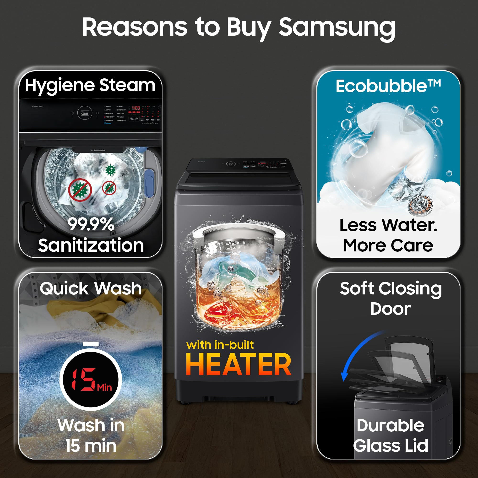 Samsung 8 Kg 5 Star Hygiene Steam Ecobubble Quick Wash Soft Closing Door Digital Inverter Fully-Automatic Top Load Washing Machine WA40F08H2CTL In-Built Heater Stainwash Deep Charcoal