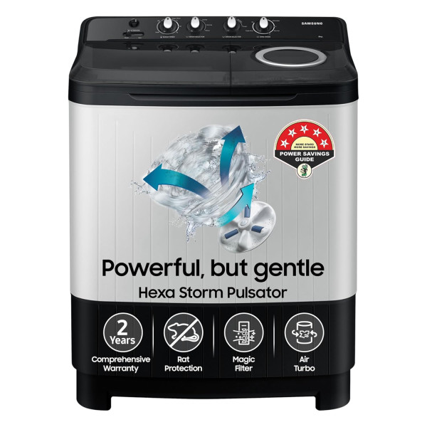 Image of Samsung 8 kg, 5 star, Semi-Automatic Top Load Washing Machine (WT80C4200GG/TL, Air Turbo Drying, Light Gray, 2023 Model)