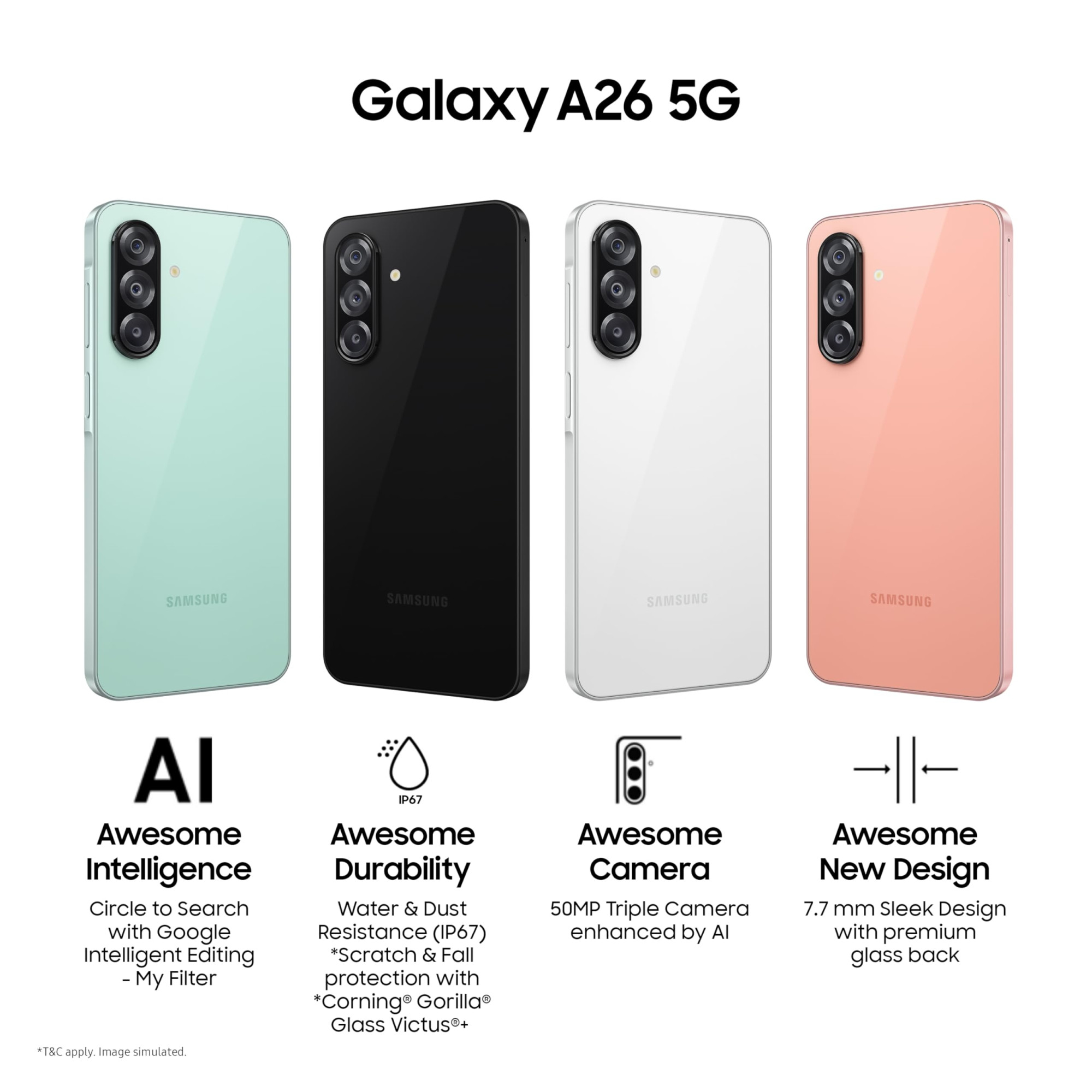 Samsung Galaxy A26 5G Awesome Black 8GB 256GB Awesome Intelligence AI Circle to Search Gemini Live FHD sAMOLED Display 50MP OIS Camera IP67 Rated