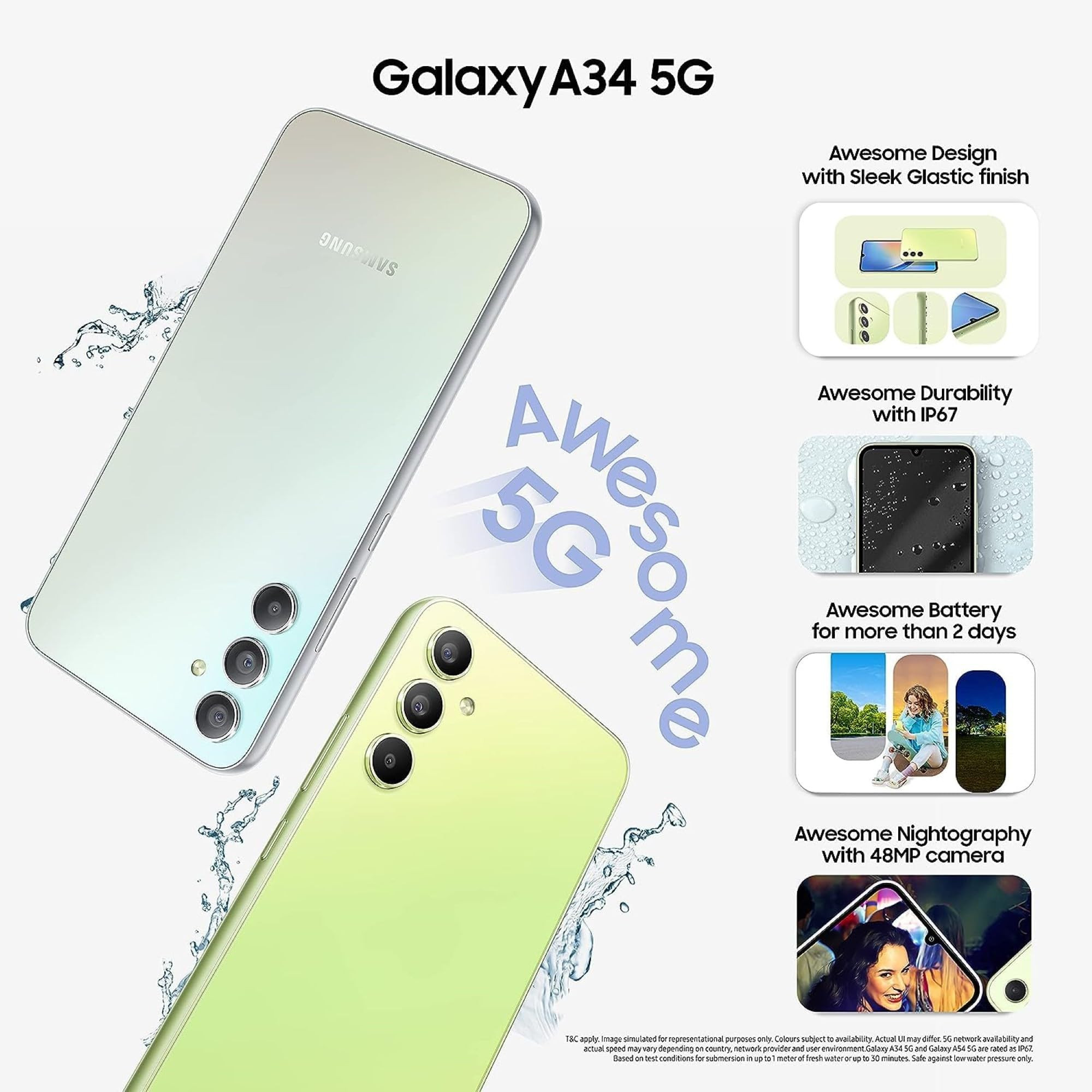 Samsung Galaxy A34 5G Awesome Silver 8GB 128GB Storage  48 MP No Shake Cam OIS  IP67  Gorilla Glass 5  Voice Focus  Without Charger