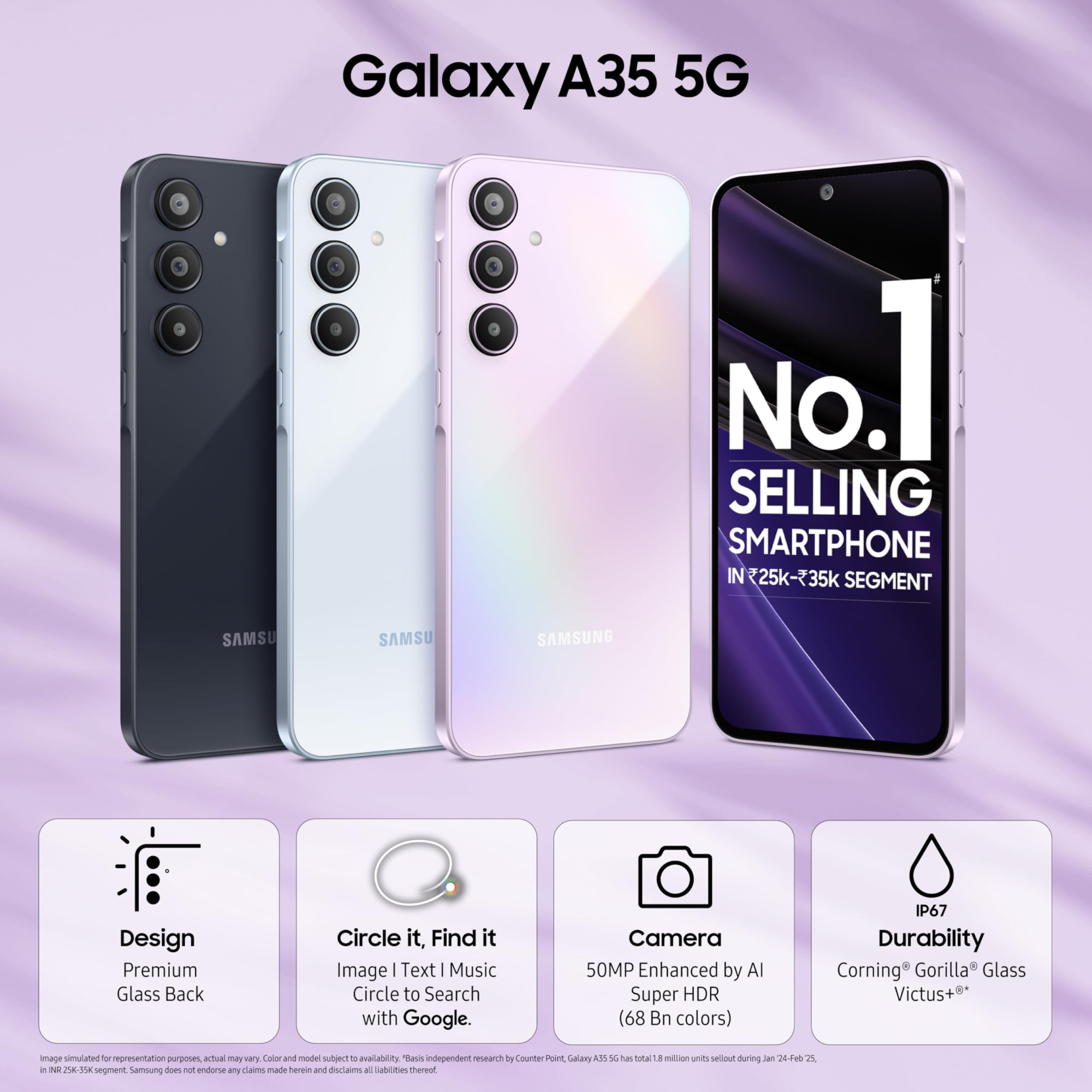 Samsung Galaxy A35 5G Awesome Lilac 8GB RAM 256GB Storage Premium Glass Back 50 MP Main Camera OIS Nightography IP67 Corning Gorilla Glass Victus sAMOLED with Vision Booster