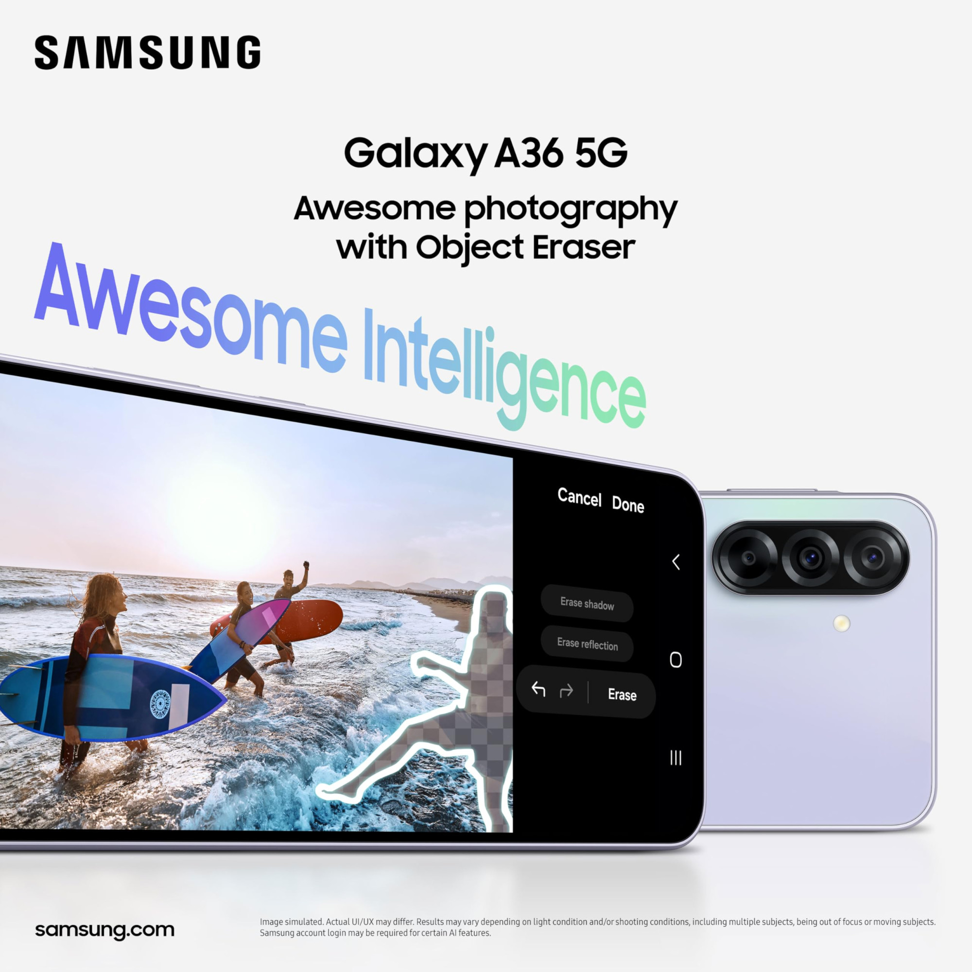 Samsung Galaxy A36 5G Awesome Lavender 12GB 256GB  Gemini Live  Awesome Intelligence AI Circle to Search My Filter Object Eraser  4nm Snapdragon Processor  Flagship Grade Camera