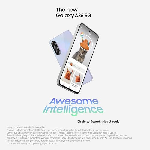Samsung Galaxy A36 5G Awesome Lavender 8GB 128GB Awesome Intelligence Circle to Search Intelligent Editing Awesome 4nm Snapdragon Processor Flagship Grade Selfie Camera