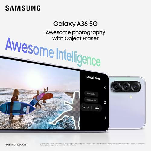 Samsung Galaxy A36 5G Awesome Lavender 8GB 128GB Awesome Intelligence Circle to Search Intelligent Editing Awesome 4nm Snapdragon Processor Flagship Grade Selfie Camera
