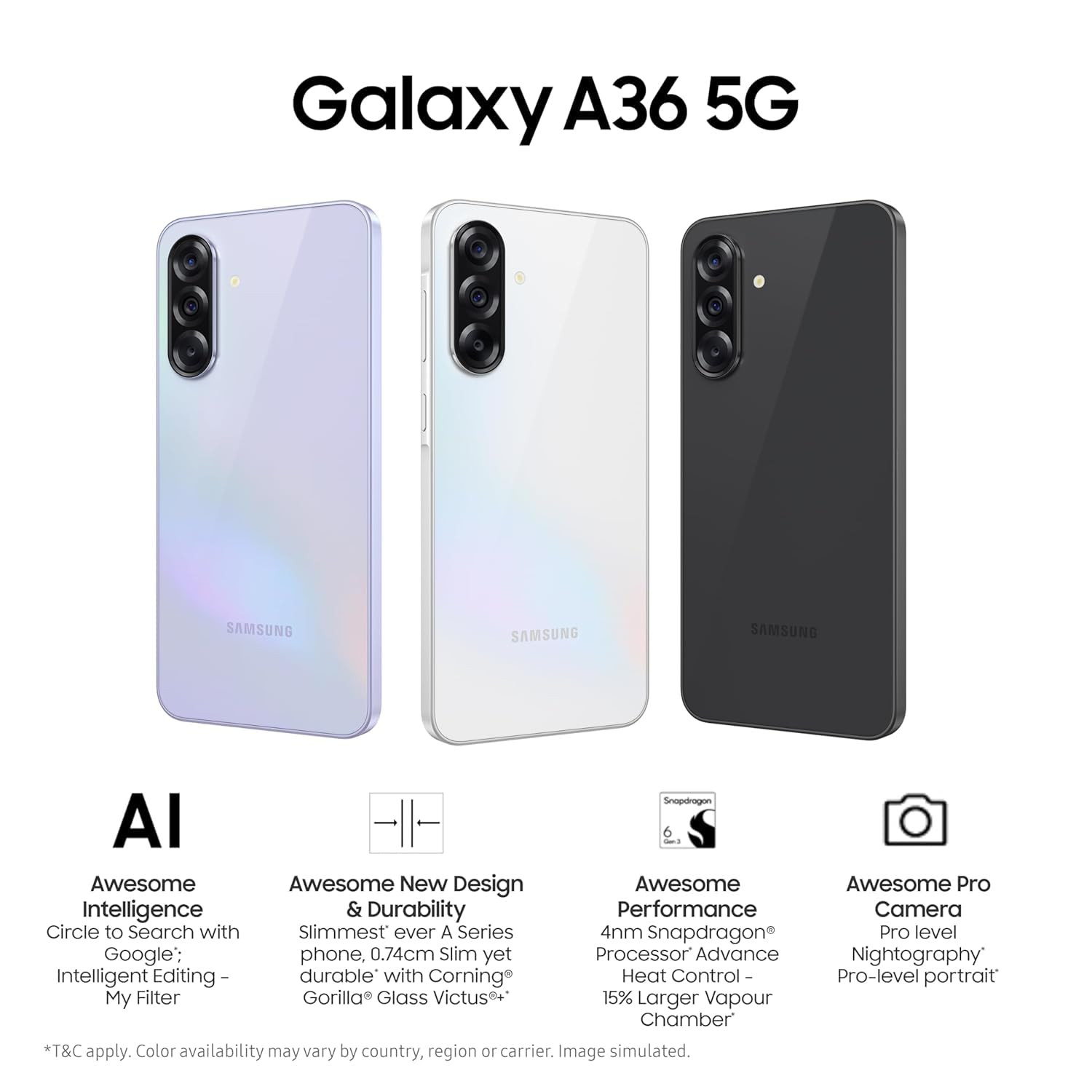 Samsung Galaxy A36 5G Awesome Lavender 8GB 256GB Gemini Live Awesome Intelligence AI Circle to Search My Filter Object Eraser 4nm Snapdragon Processor Flagship Grade Camera