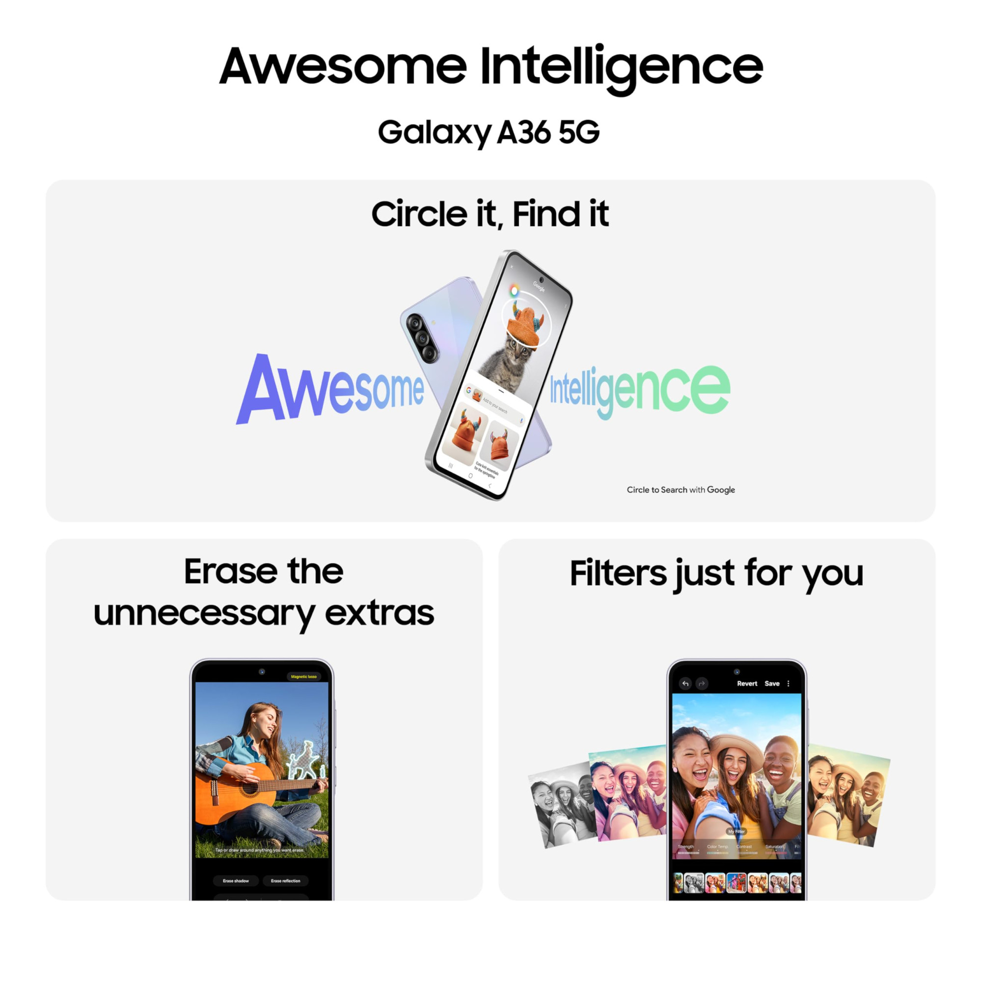 Samsung Galaxy A36 5G Awesome White 8GB 128GB Gemini Live Awesome Intelligence AI Circle to Search My Filter Object Eraser 4nm Snapdragon Processor Flagship Grade Camera