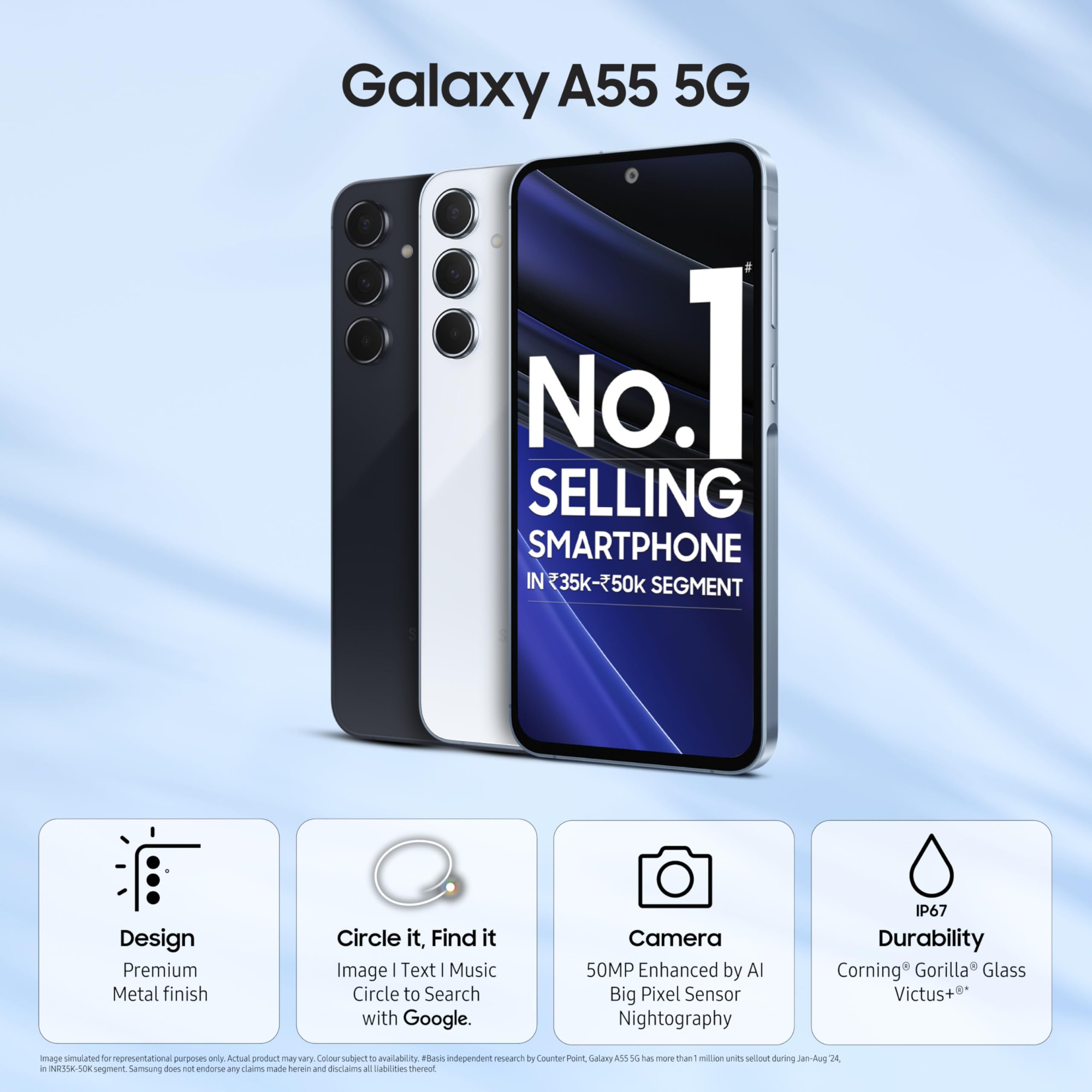 Samsung Galaxy A55 5G Awesome Iceblue 12GB RAM 256GB Storage AI Metal Frame 50 MP Main Camera OIS Super HDR Video Nightography IP67 Corning Gorilla Glass Victus sAMOLED Display