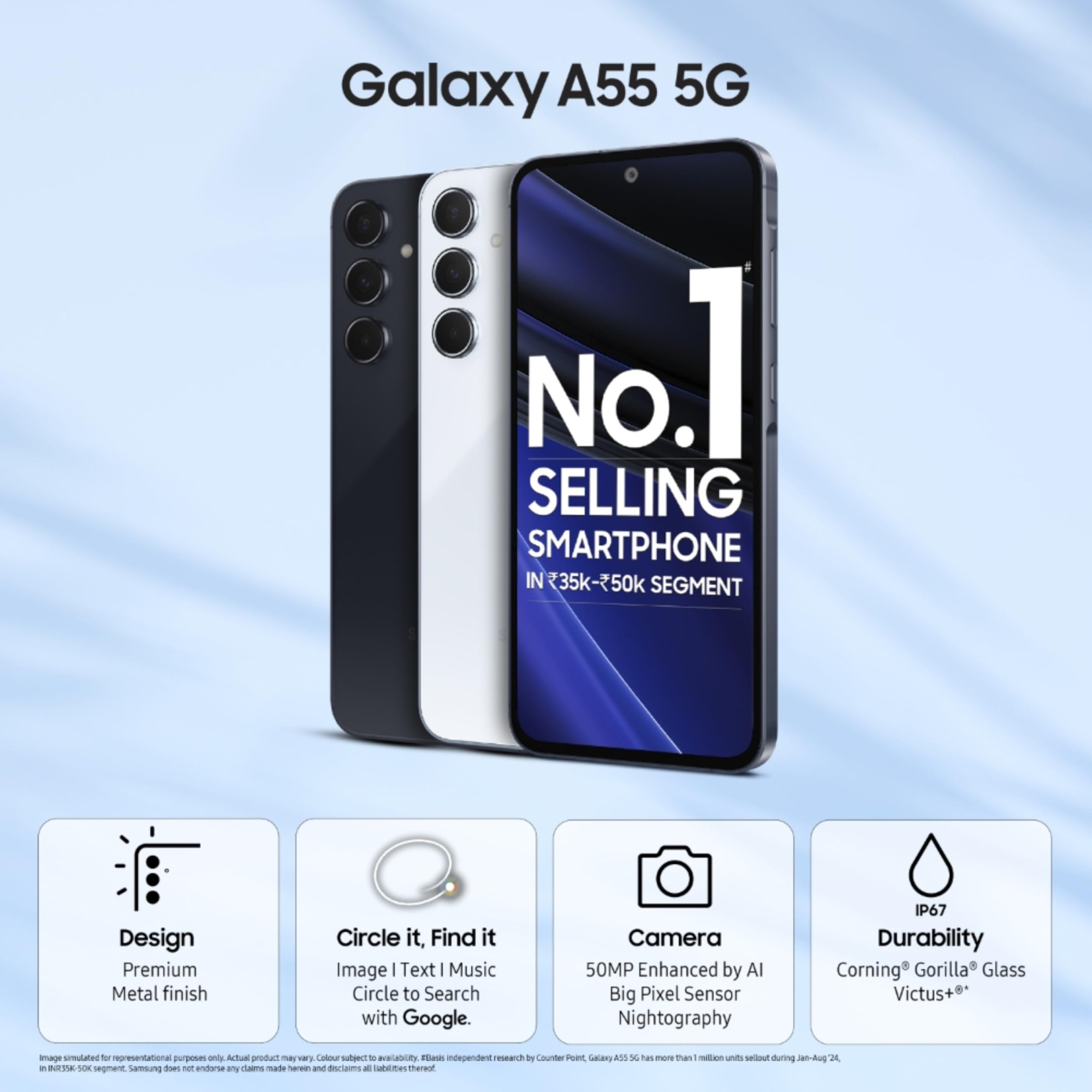 Samsung Galaxy A55 5G Awesome Navy 8GB RAM 128GB Storage AI Metal Frame 50 MP Main Camera OIS Super HDR Video Nightography IP67 Corning Gorilla Glass Victus sAMOLED Display