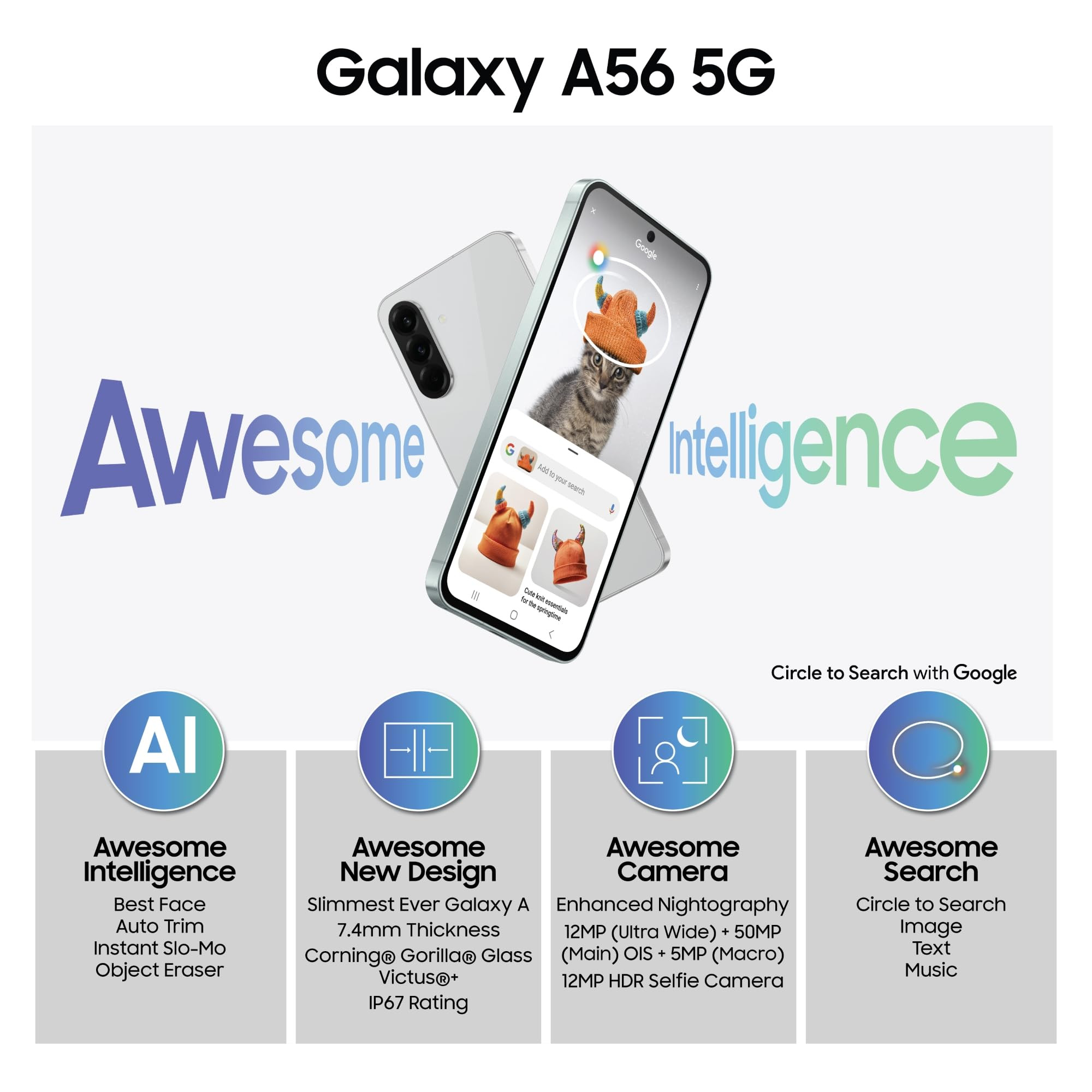 Samsung Galaxy A56 5G Awesome Olive 8GB 256GB Metal Frame Gemini Live Awesome Intelligence AI Circle to Search Instant Slo-Mo Auto-Trim Object Eraser Flagship Grade Camera