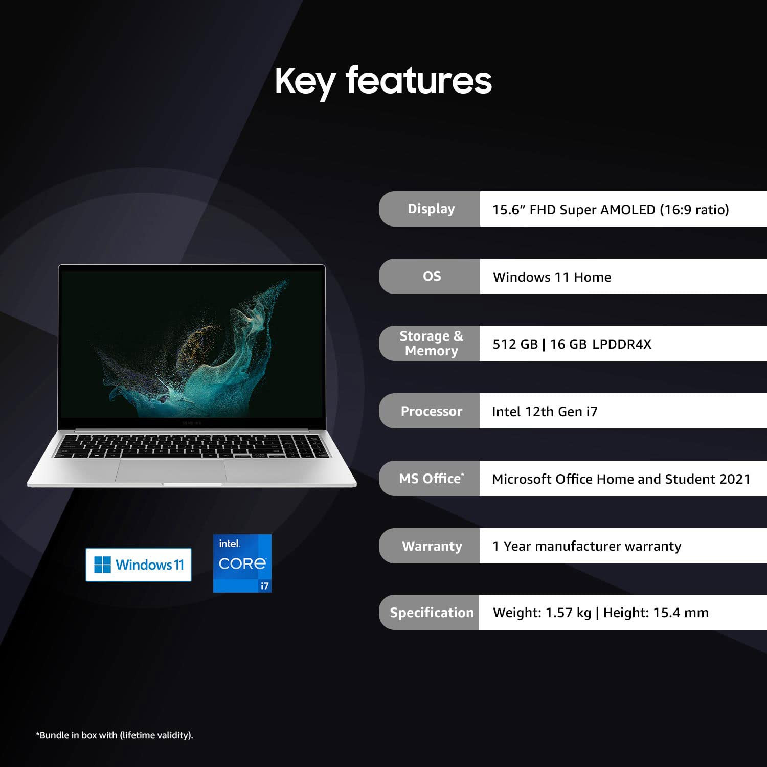 Samsung Galaxy Book2 NP750 Intel 12th Gen core i7 396cm 156 FHD Thin Light Laptop 16 GB512 GBWindows 11MS OfficeBacklit KeyboardFingerprint ReaderSilver155Kg NP750XED-KC2IN