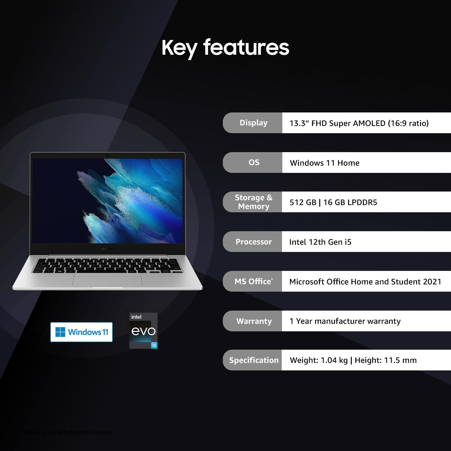 Samsung Galaxy Book2 Pro 360 Intel 12th Gen i5 EvoTM 3378 cm 133 Touchscreen 2-in-1 AMOLED Thin Light Laptop 16 GB512 GB SSDWindows 11MS Officewith S PenSilver104Kg NP930QED-KB3IN