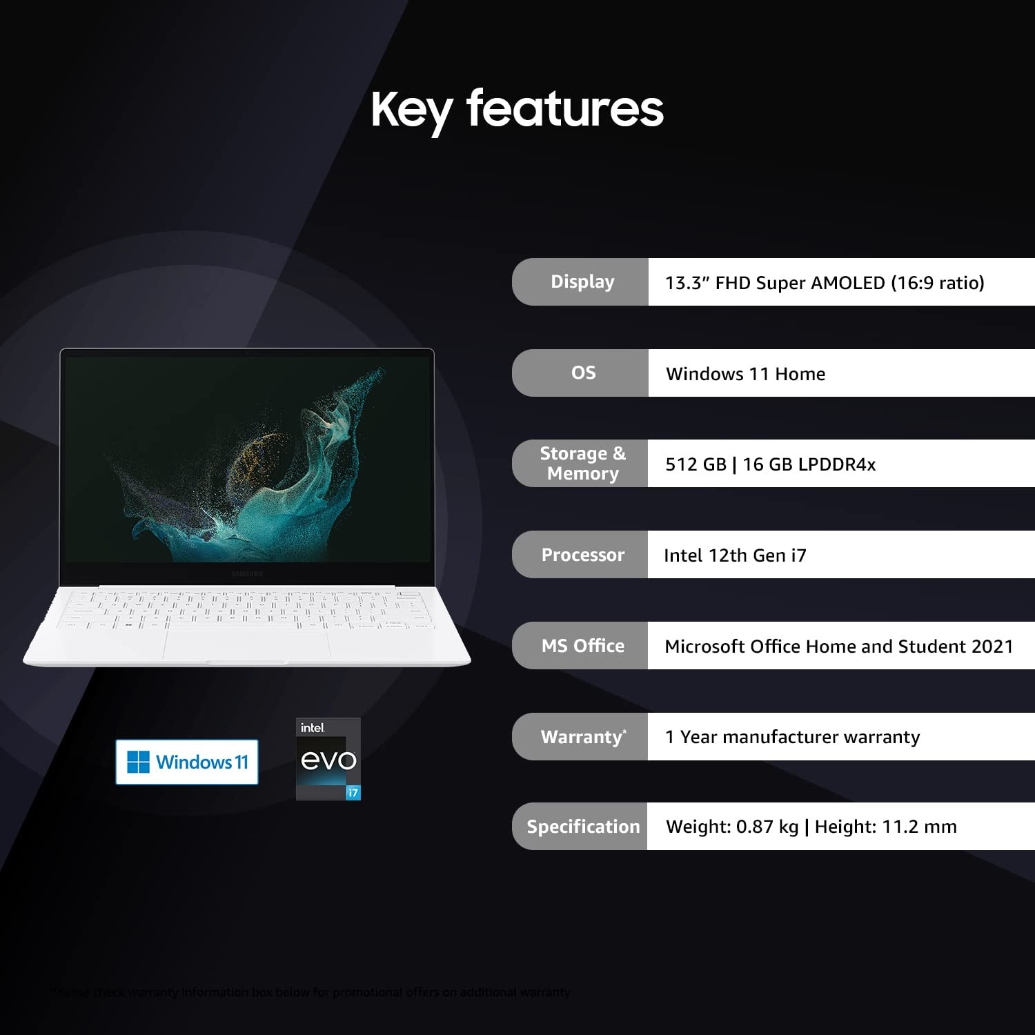 Samsung Galaxy Book2 Pro Intel 12th Gen i7 EvoTM 3378cm 133 AMOLED Thin Light Laptop 16 GB512 GB SSDWindows 11MS OfficeBacklit KBFingerprint SensorSilver087Kg NP930XED-KB2IN