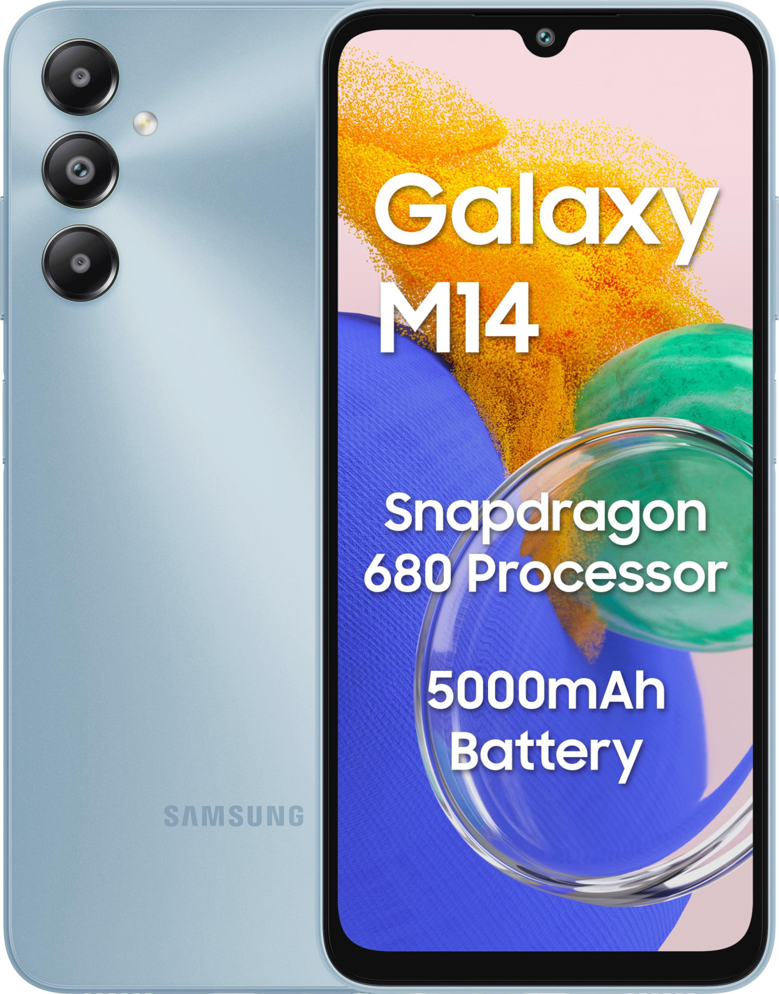 Samsung Galaxy M14 4G Arctic Blue4GB64GB 50MP Triple Cam 5000mAh Battery Snapdragon 680 Processor 2 Gen OS Upgrade 4 Year Security Update 8GB RAM with RAM Plus Without Charger