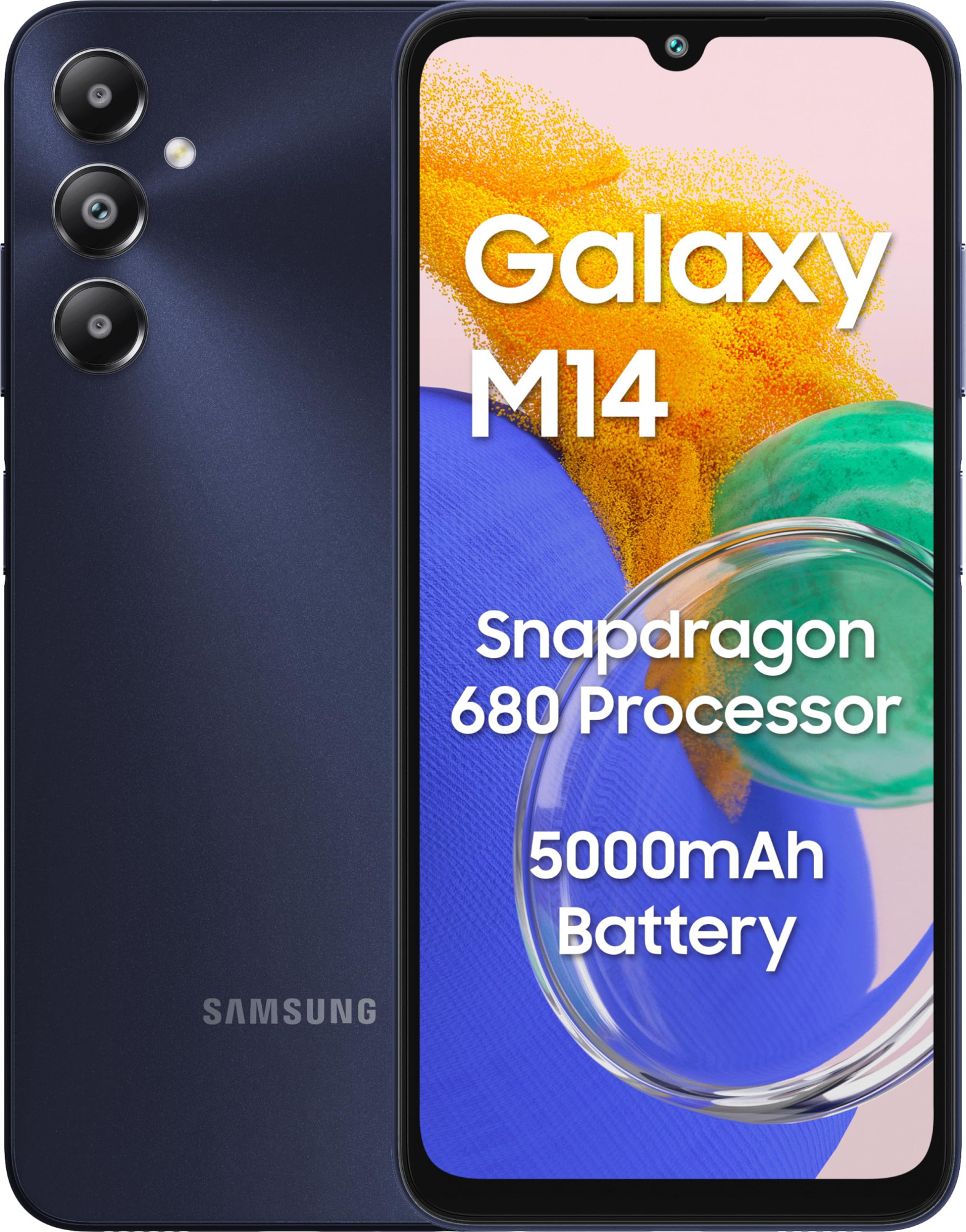 Samsung Galaxy M14 4G Sapphire Blue4GB64GB 50MP Triple Cam 5000mAh Battery Snapdragon 680 Processor 2 Gen OS Upgrade 4 Year Security Update 8GB RAM with RAM Plus Without Charger