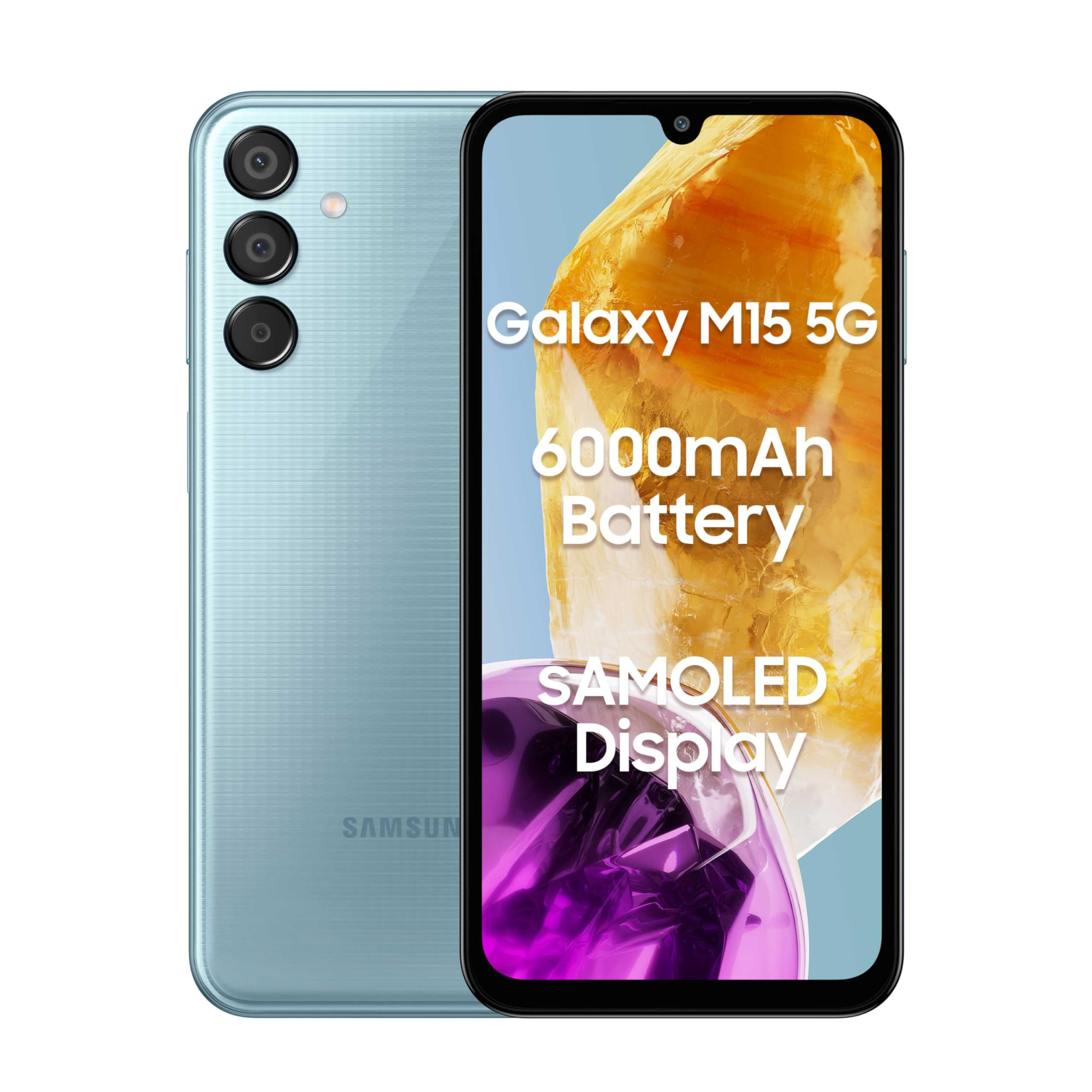 Samsung Galaxy M15 5G Celestial Blue6GB RAM128GB Storage 50MP Triple Cam 6000mAh BatteryMediaTek Dimensity 6100 4 Gen OS Upgrade 5 Year Security UpdateSuper AMOLED DisplayWithout Charger