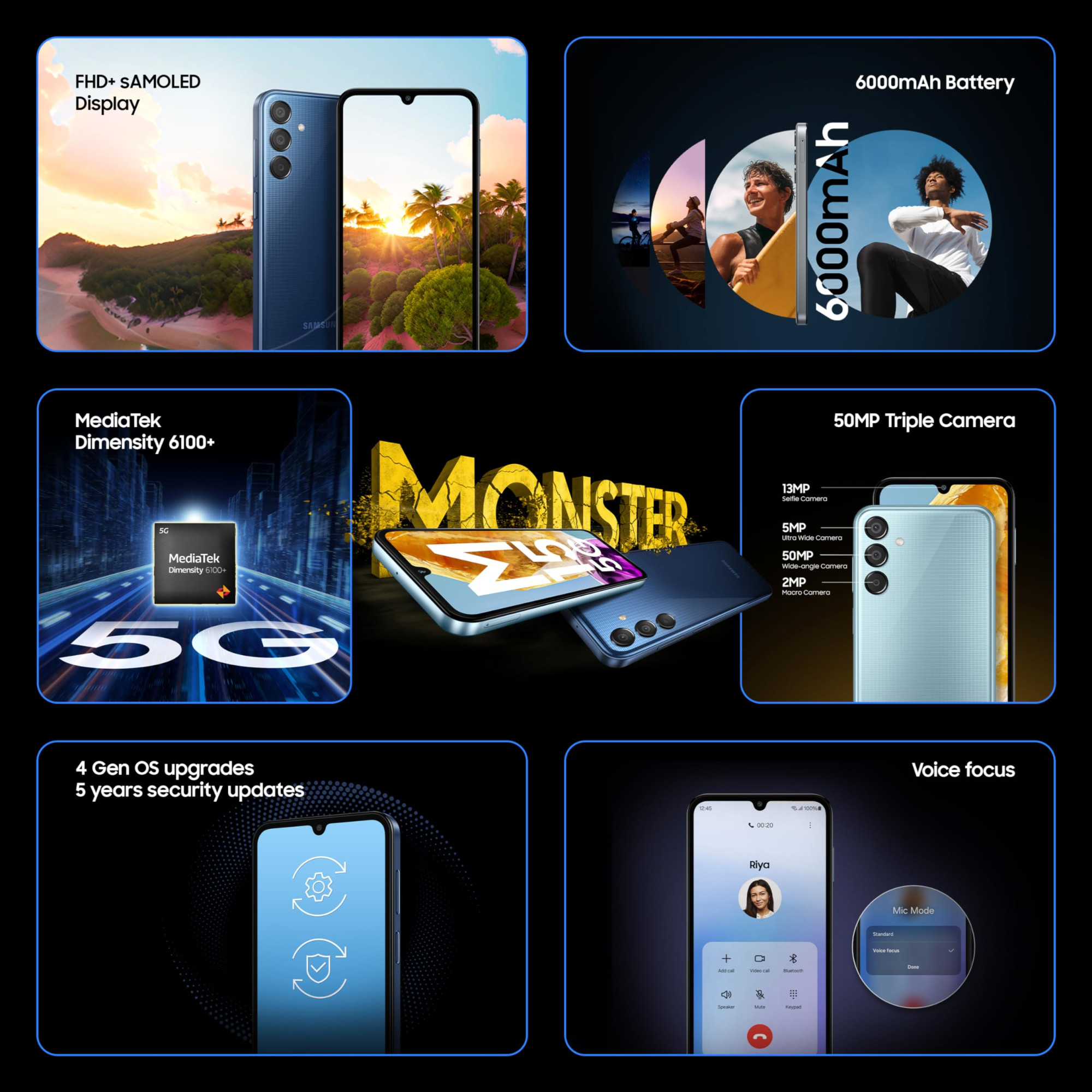 Samsung Galaxy M15 5G Celestial Blue6GB RAM128GB Storage 50MP Triple Cam 6000mAh BatteryMediaTek Dimensity 6100 4 Gen OS Upgrade 5 Year Security UpdateSuper AMOLED DisplayWithout Charger