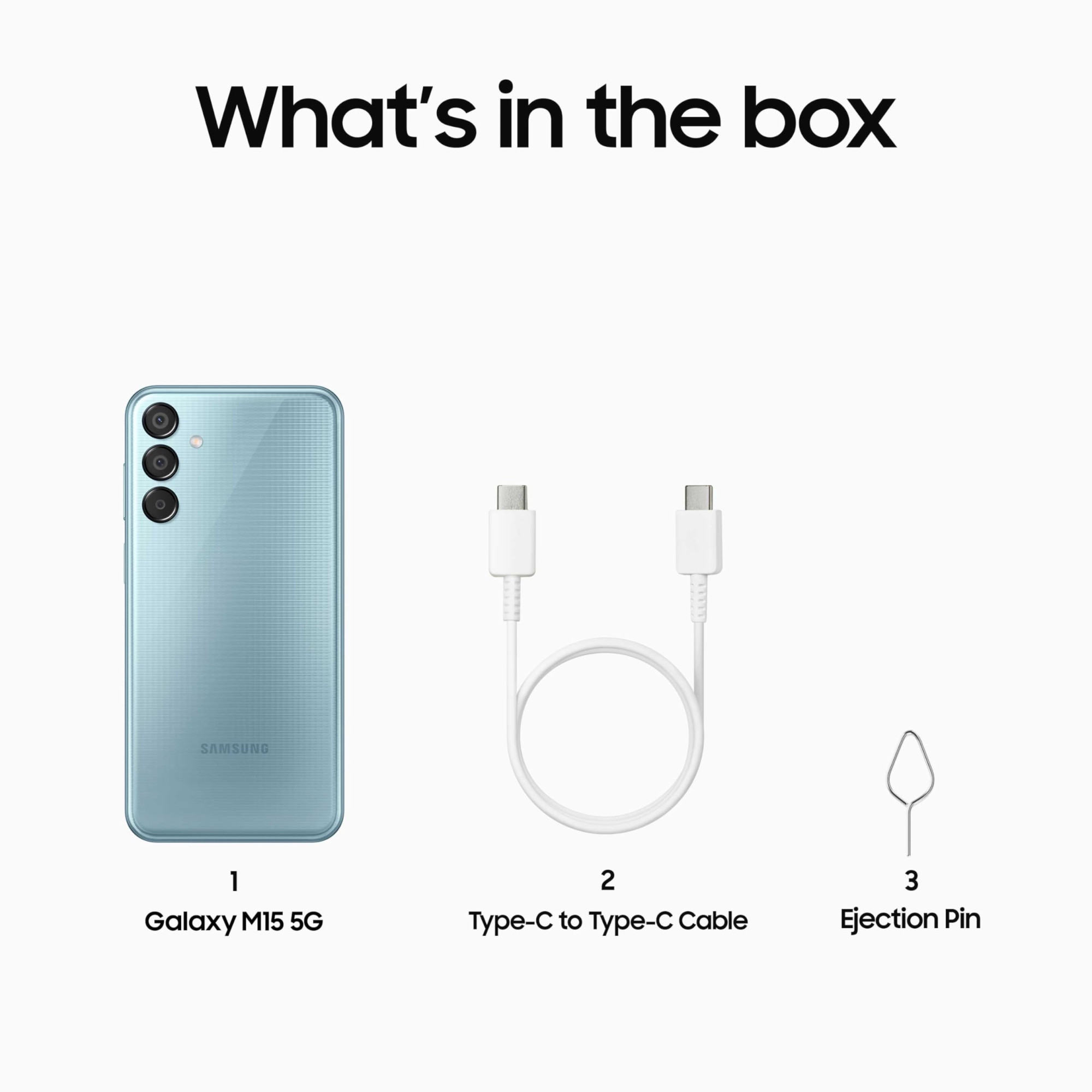 Samsung Galaxy M15 5G Celestial Blue6GB RAM128GB Storage 50MP Triple Cam 6000mAh BatteryMediaTek Dimensity 6100 4 Gen OS Upgrade 5 Year Security UpdateSuper AMOLED DisplayWithout Charger