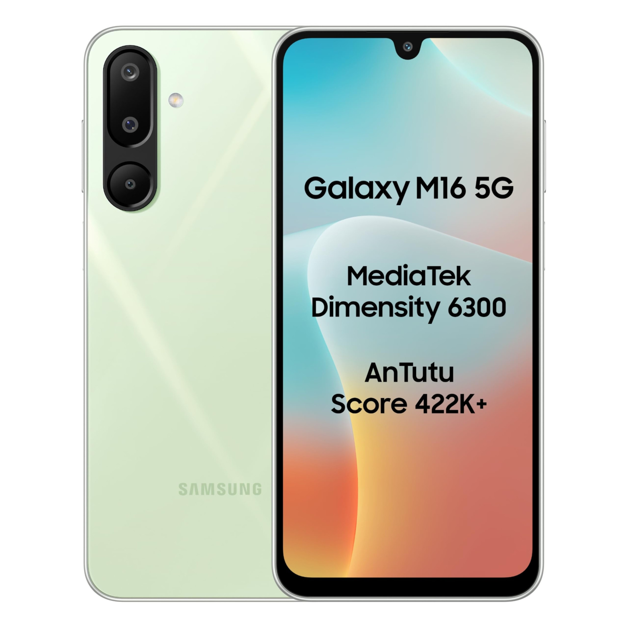 Samsung Galaxy M16 5G Mint Green 4GB RAM 128 GB Storage  MediaTek Dimensity 6300  AnTuTu Score 422K  Super Amoled Display  25W Fast Charging  6 Gen of OS Upgrades  Without Charger