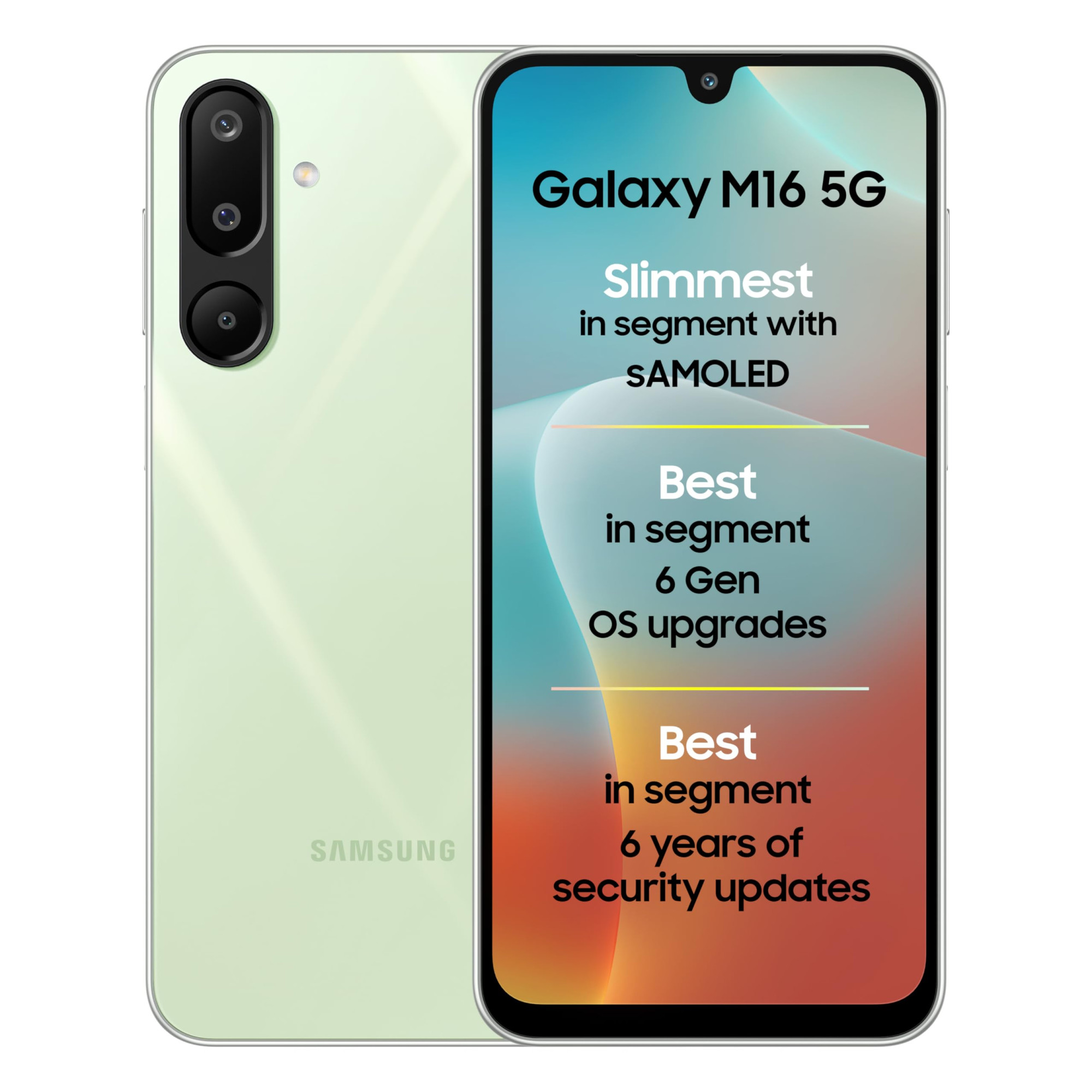 Samsung Galaxy M16 5G Mint Green 6GB RAM 128 GB Storage MediaTek Dimensity 6300 AnTuTu Score 422K Super Amoled Display 25W Fast Charging 6 Gen of OS Upgrades Without Charger