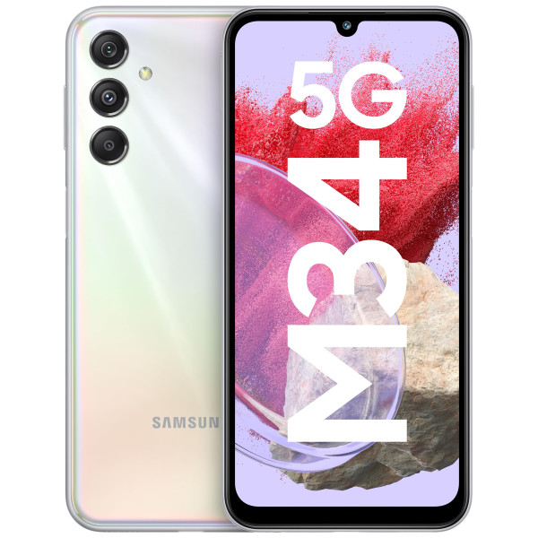 Image of Samsung Galaxy M34 5G (Prism Silver,8GB,128GB)|120Hz sAMOLED Display|50MP Triple No Shake Cam|6000 mAh Battery|4 Gen OS Upgrade &amp; 5 Year Security Update|16GB RAM with RAM+|Android 13|Without Charger
