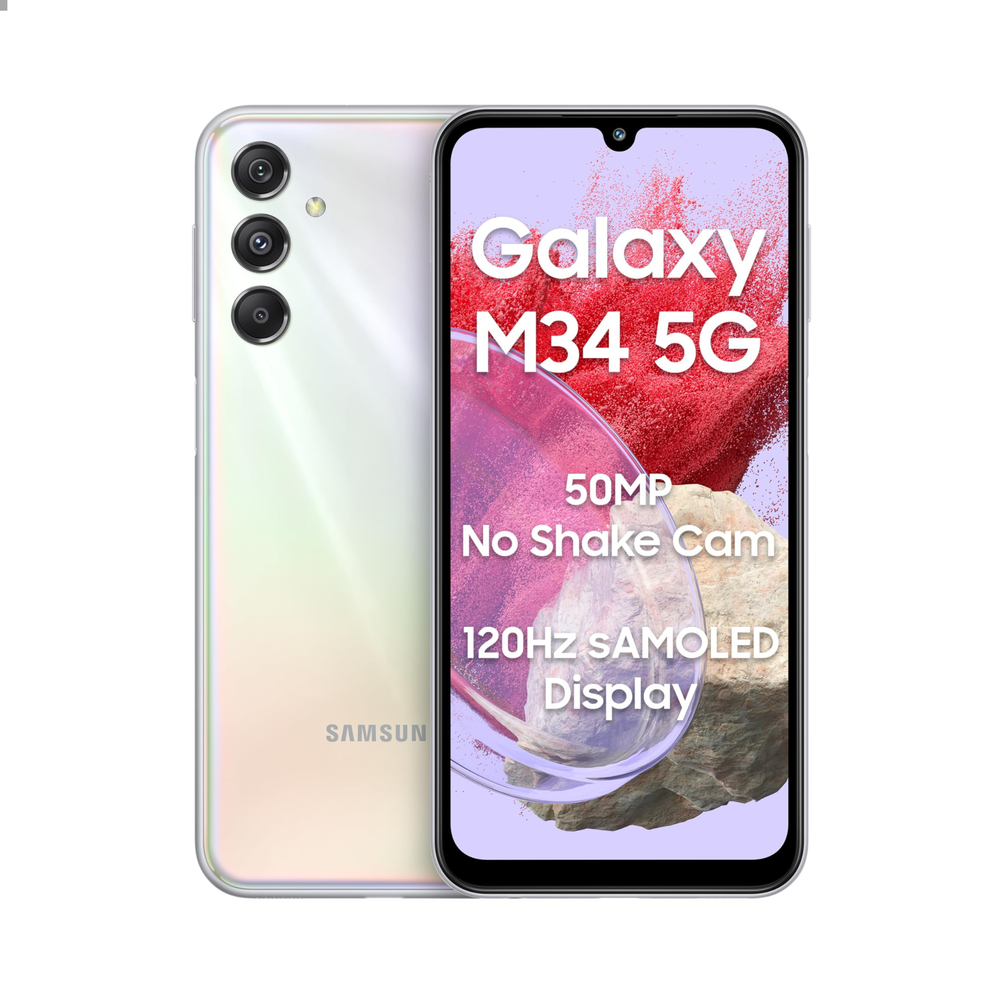 Samsung Galaxy M34 5G Prism Silver8GB128GB120Hz sAMOLED Display50MP Triple No Shake Cam6000 mAh Battery4 Gen OS Upgrade 5 Year Security Update16GB RAM with RAMAndroid 13Without Charger