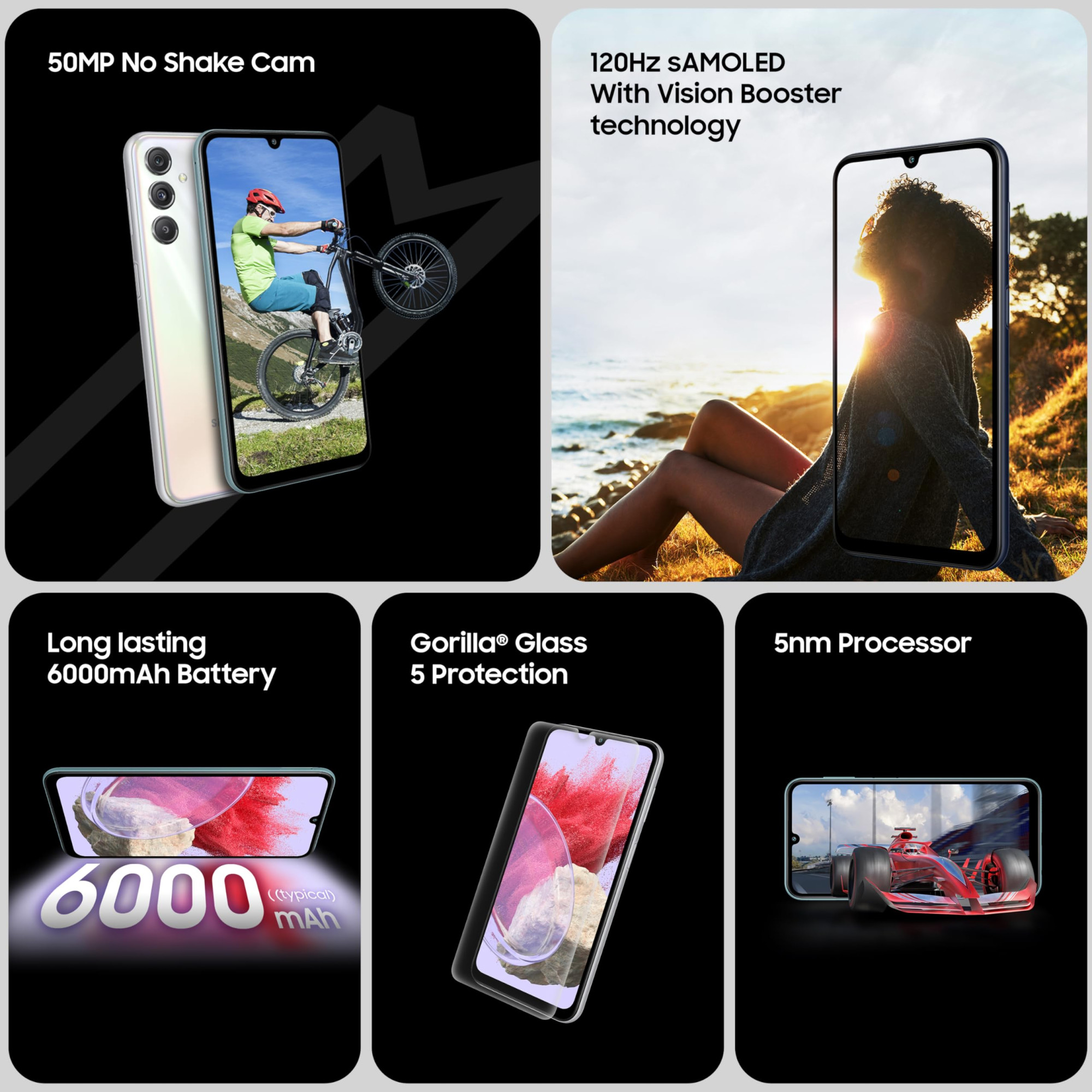Samsung Galaxy M34 5G Prism Silver8GB128GB120Hz sAMOLED Display50MP Triple No Shake Cam6000 mAh Battery4 Gen OS Upgrade  5 Year Security Update16GB RAM with RAMAndroid 13Without Charger
