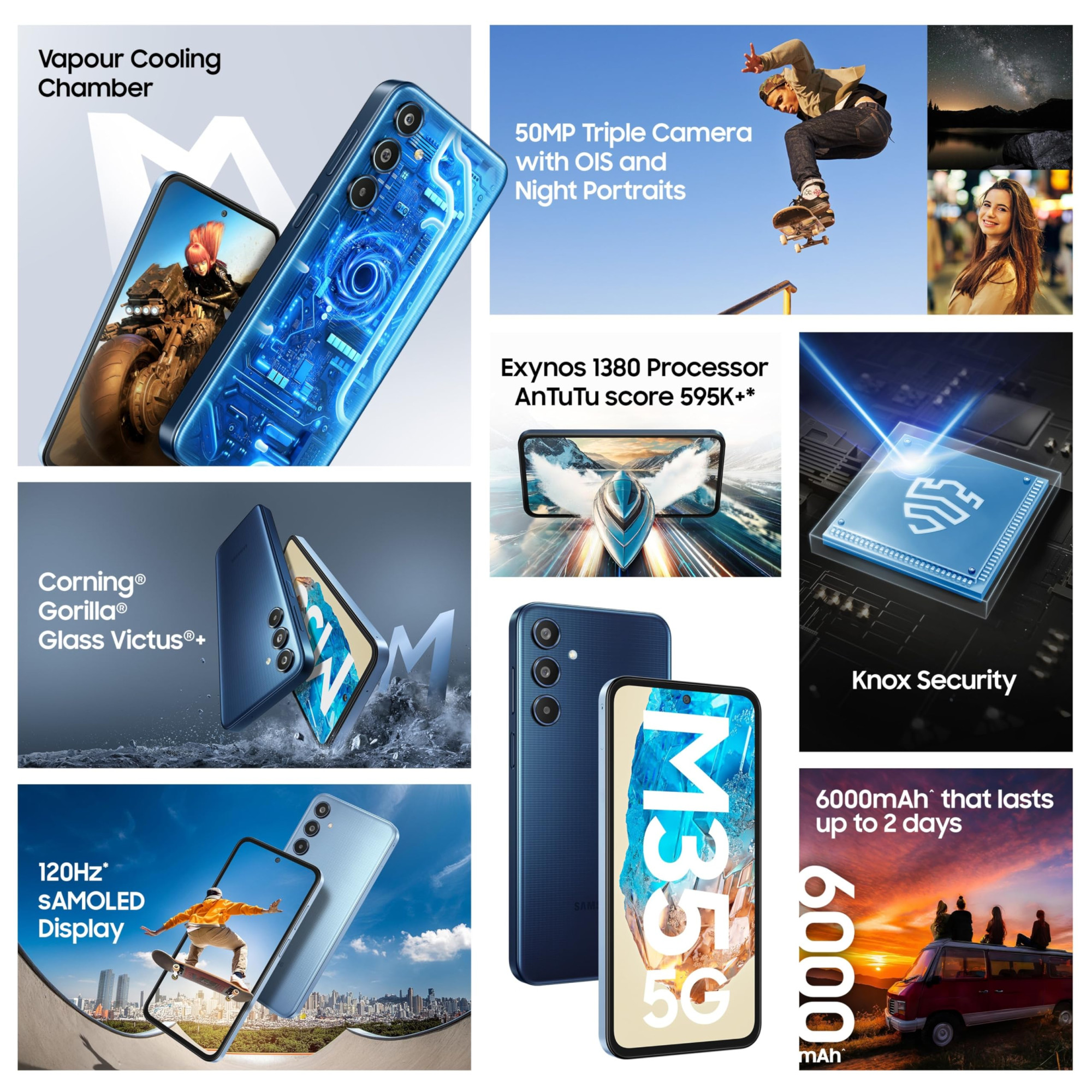 Samsung Galaxy M35 5G Moonlight Blue8GB RAM128GB Storage Corning Gorilla Glass Victus AnTuTu Score 595K Vapour Cooling Chamber 6000mAh Battery 120Hz Super AMOLED Display Without Charger