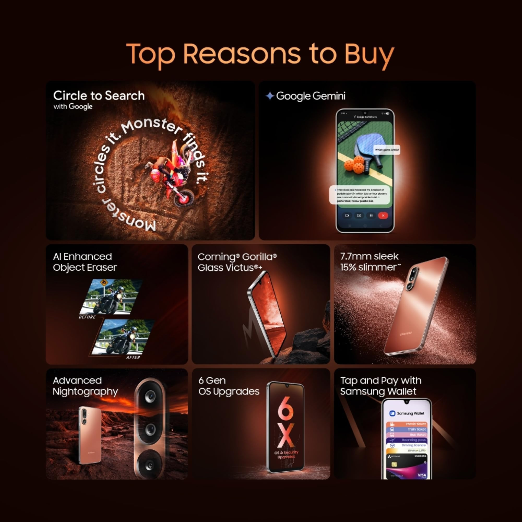 Samsung Galaxy M36 5G Orange Haze 6 GB RAM 128 GB Storage Circle to Search Google Gemini Corning Gorilla Glass Victus 77mm Slim AI Enhanced 50 MP OIS Triple Camera Unmatched Nightography