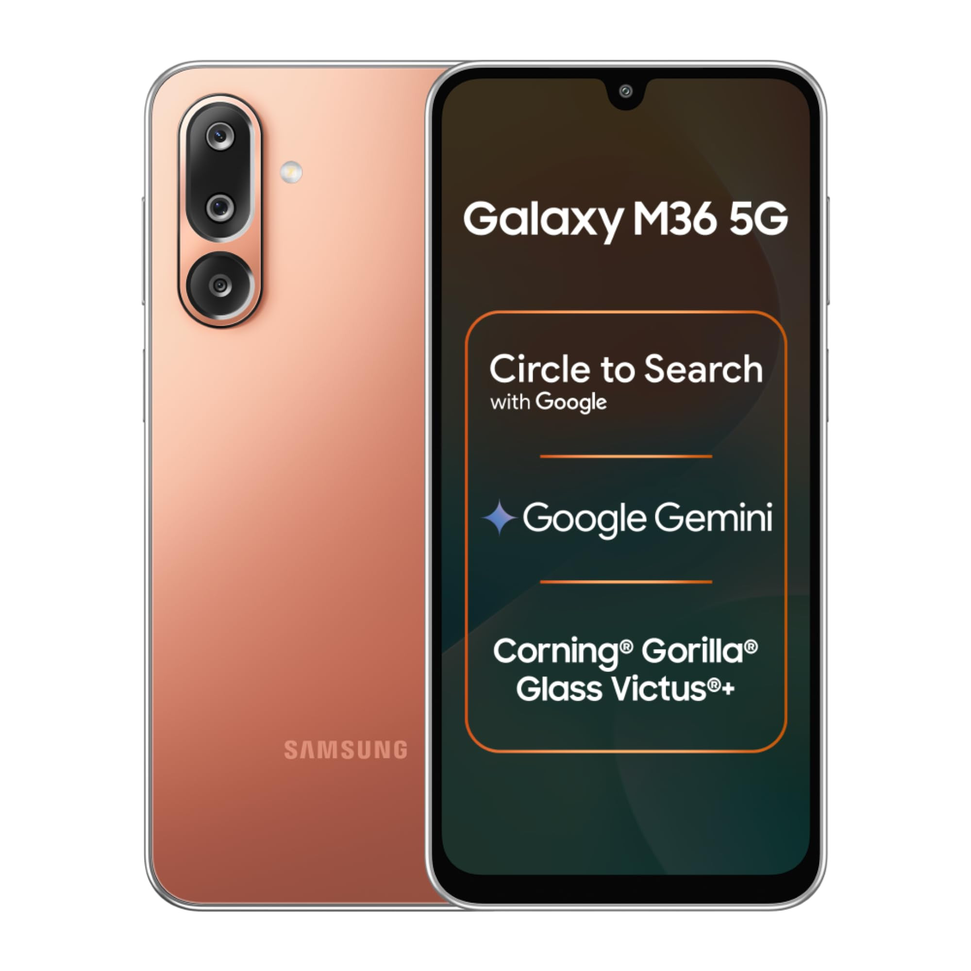 Samsung Galaxy M36 5G Orange Haze 8 GB RAM 128 GB Storage Circle to Search Google Gemini Corning Gorilla Glass Victus 77mm Slim AI Enhanced 50 MP OIS Triple Camera Unmatched Nightography