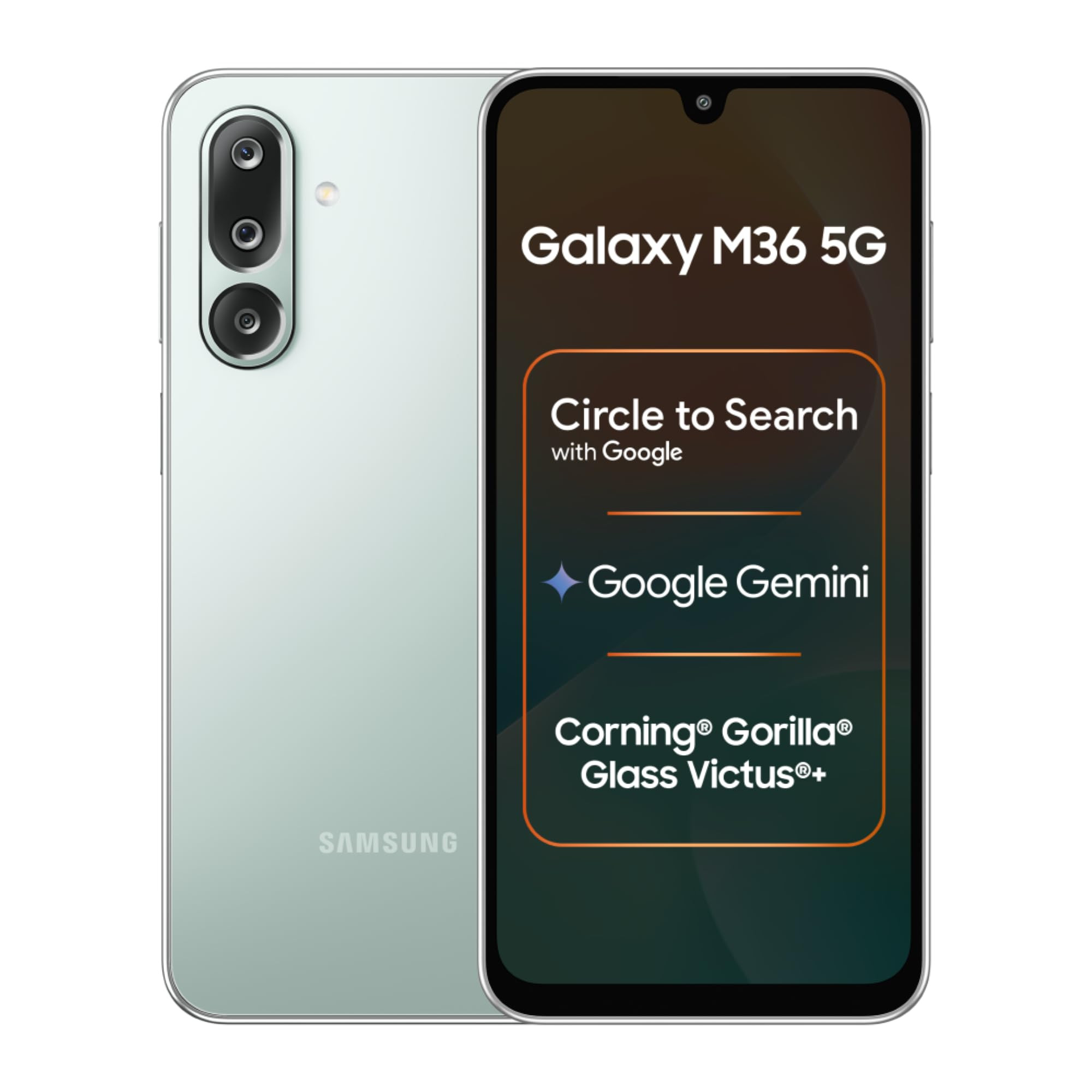 Samsung Galaxy M36 5G Serene Green 6 GB RAM 128 GB Storage Circle to Search Google Gemini Corning Gorilla Glass Victus 77mm Slim AI Enhanced 50 MP OIS Triple Camera Unmatched Nightography